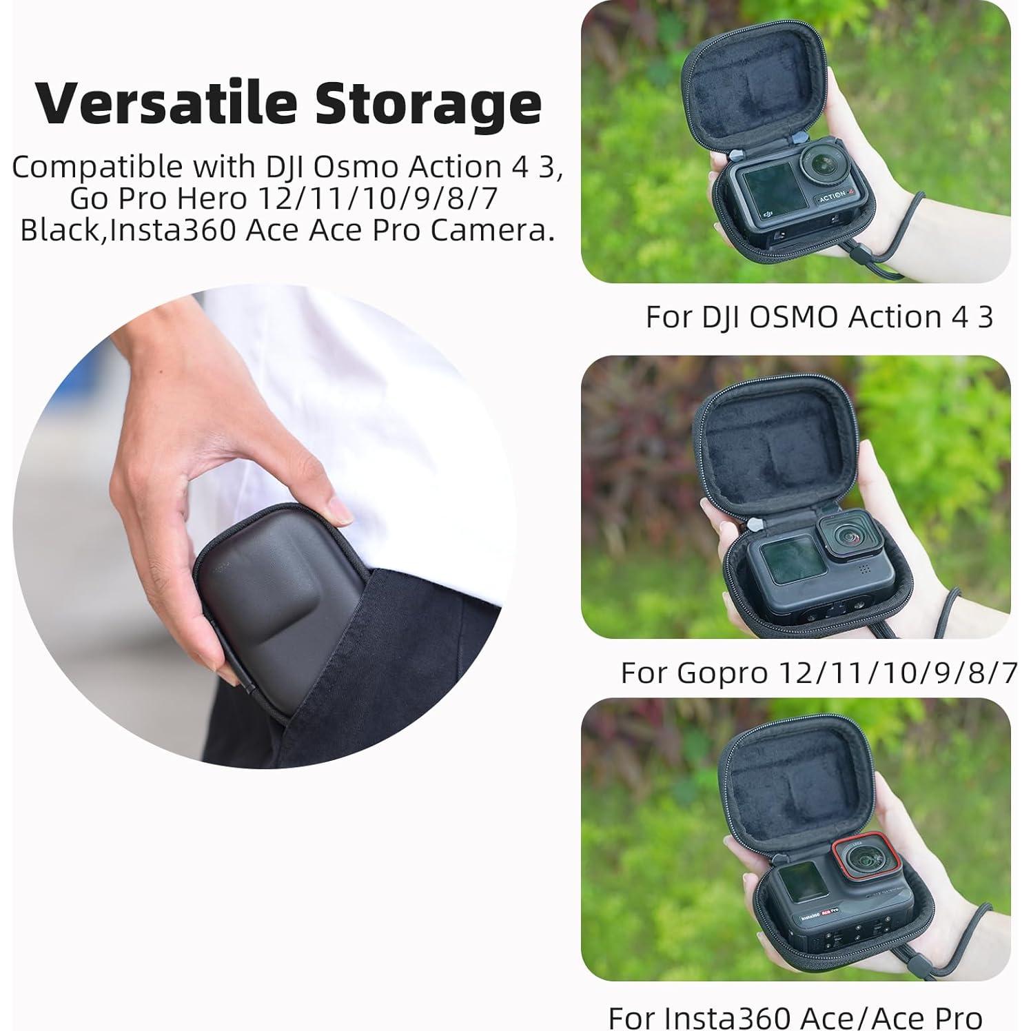 Carrying Case for DJI Osmo Action 5 Pro/6/4/3, Small Storage Bag for GoPro, PU Hard Travel Protector Case for Insta360 Ace/Ace Pro/2 with Wrist Strap & Carabiner Protective Accessories(Black)