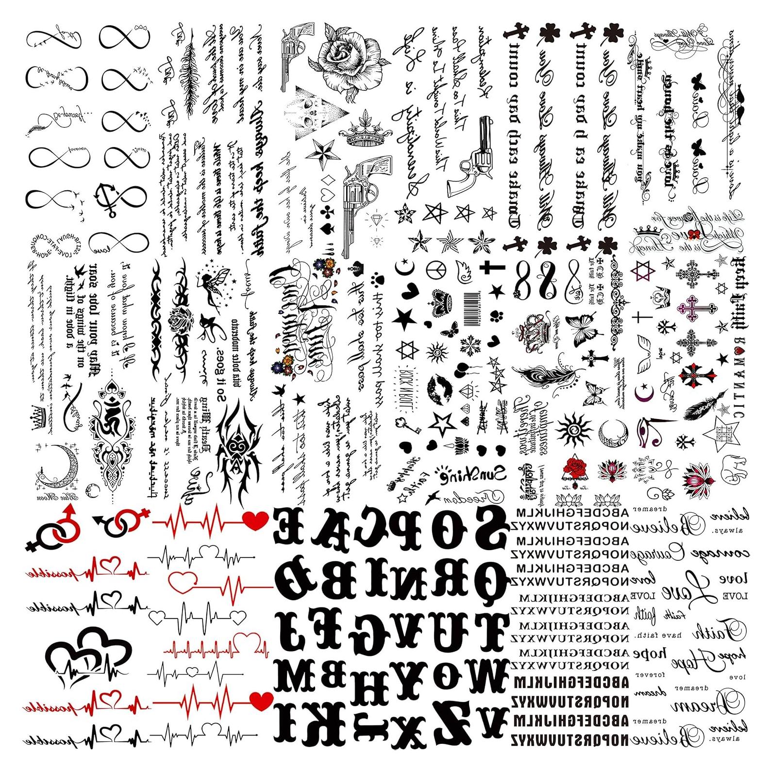 18 Sheets Black Inspired Quotes Temporary Tattoos For Women Kids Children Long Lasting Letter Alphabet Words Fake Tattoo Stickers Birds Cross ECG infinity Moon Star Neck Arm Tatoo For Men Adult