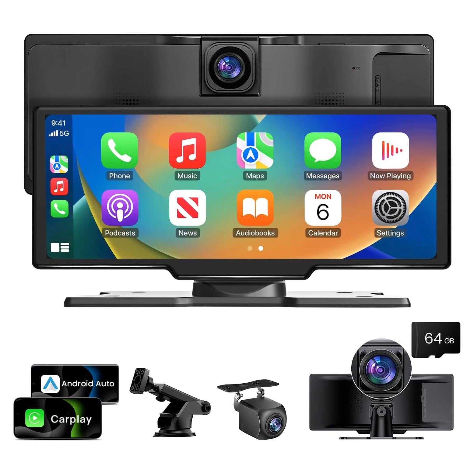 10.26 inch Wireless CarPlay Touchscreen for Car: 4K Dash Cam Car Play Screen with Carplay & Android Auto Portable Car Stereo 1080p Backup Camera Auto Brightness GPS Navigation Bluetooth Mirror Link