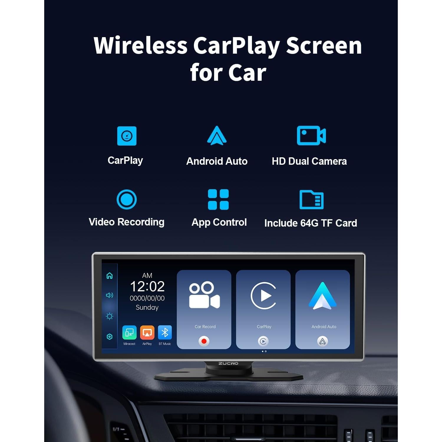 Pantalla Inalámbrica CarPlay ZUCWO 11.26" con Cámara 4K