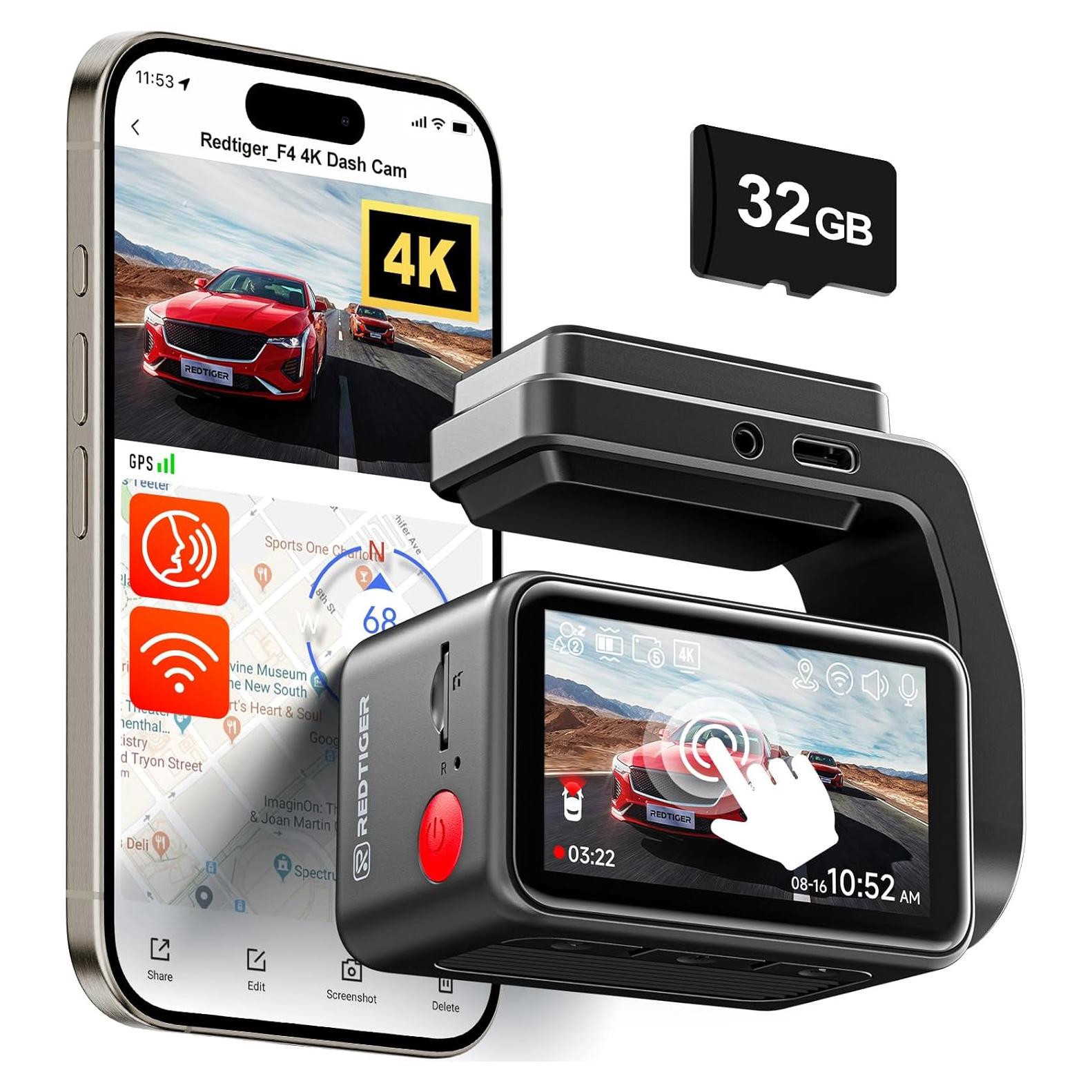 REDTIGER F4 4K Dash Cam Front, 2.2 inch Mini Car Camera, 2160P UHD Touch Screen, Voice Control, Included 32GB Card, Night Vision, Built-in GPS, WiFi APP Control, Loop Recording, 24H Parking Monitor