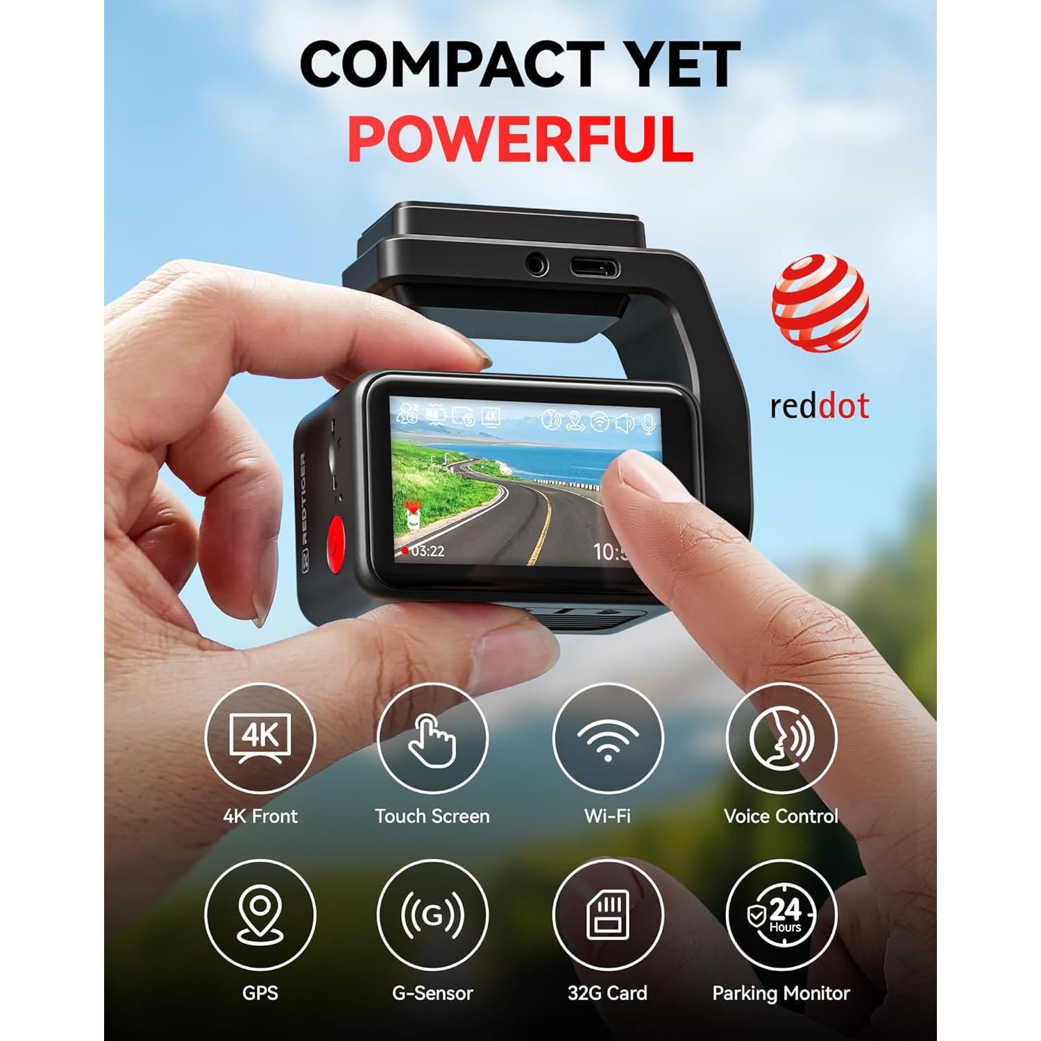REDTIGER F4 4K Dash Cam Front, 2.2 inch Mini Car Camera, 2160P UHD Touch Screen, Voice Control, Included 32GB Card, Night Vision, Built-in GPS, WiFi APP Control, Loop Recording, 24H Parking Monitor