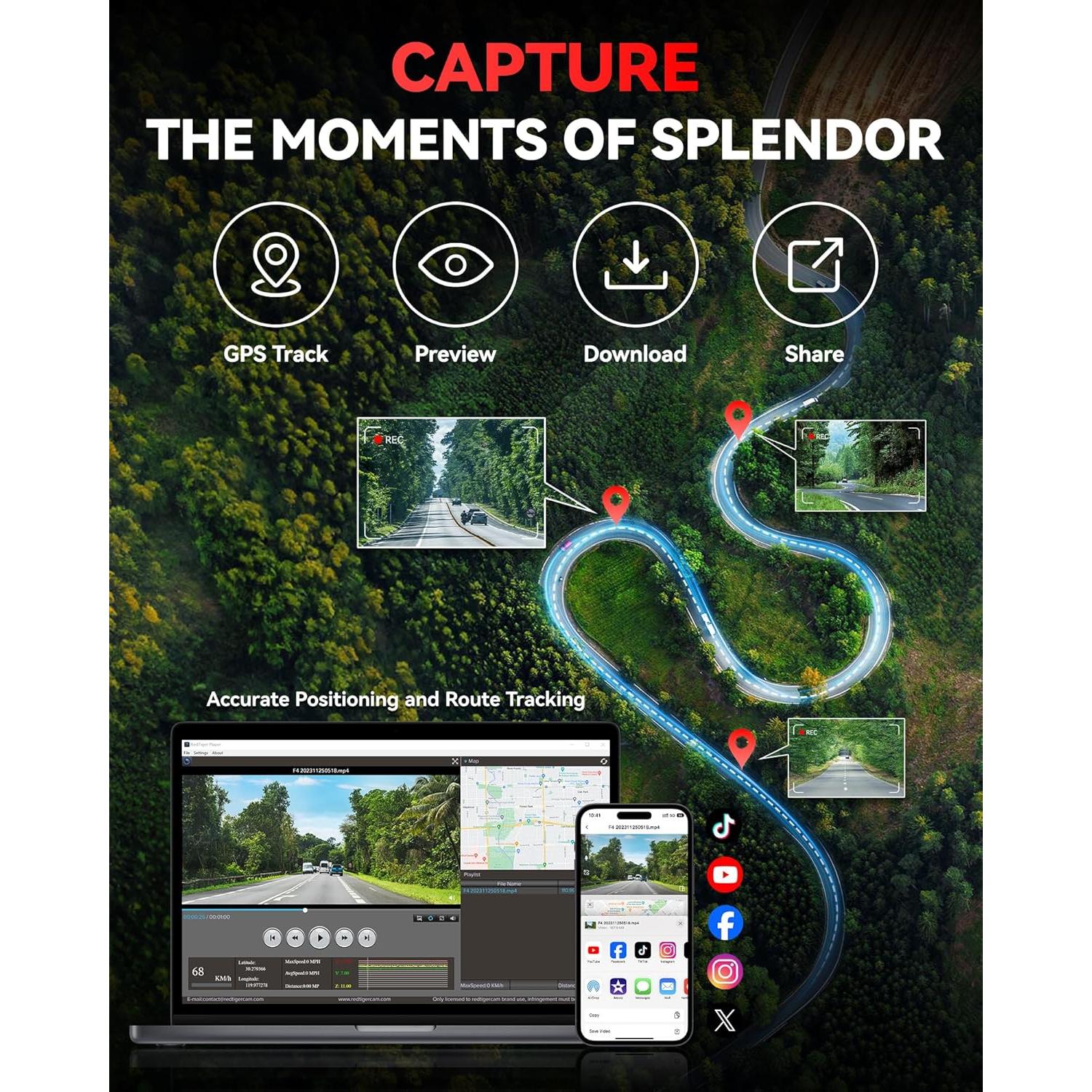 REDTIGER F4 4K Dash Cam Front, 2.2 inch Mini Car Camera, 2160P UHD Touch Screen, Voice Control, Included 32GB Card, Night Vision, Built-in GPS, WiFi APP Control, Loop Recording, 24H Parking Monitor