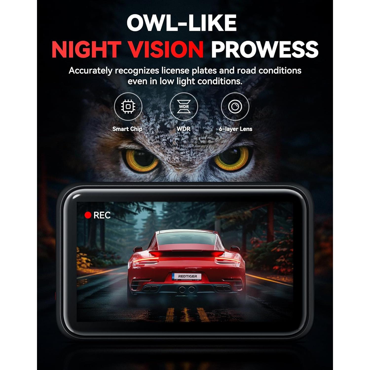 REDTIGER F4 4K Dash Cam Front, 2.2 inch Mini Car Camera, 2160P UHD Touch Screen, Voice Control, Included 32GB Card, Night Vision, Built-in GPS, WiFi APP Control, Loop Recording, 24H Parking Monitor