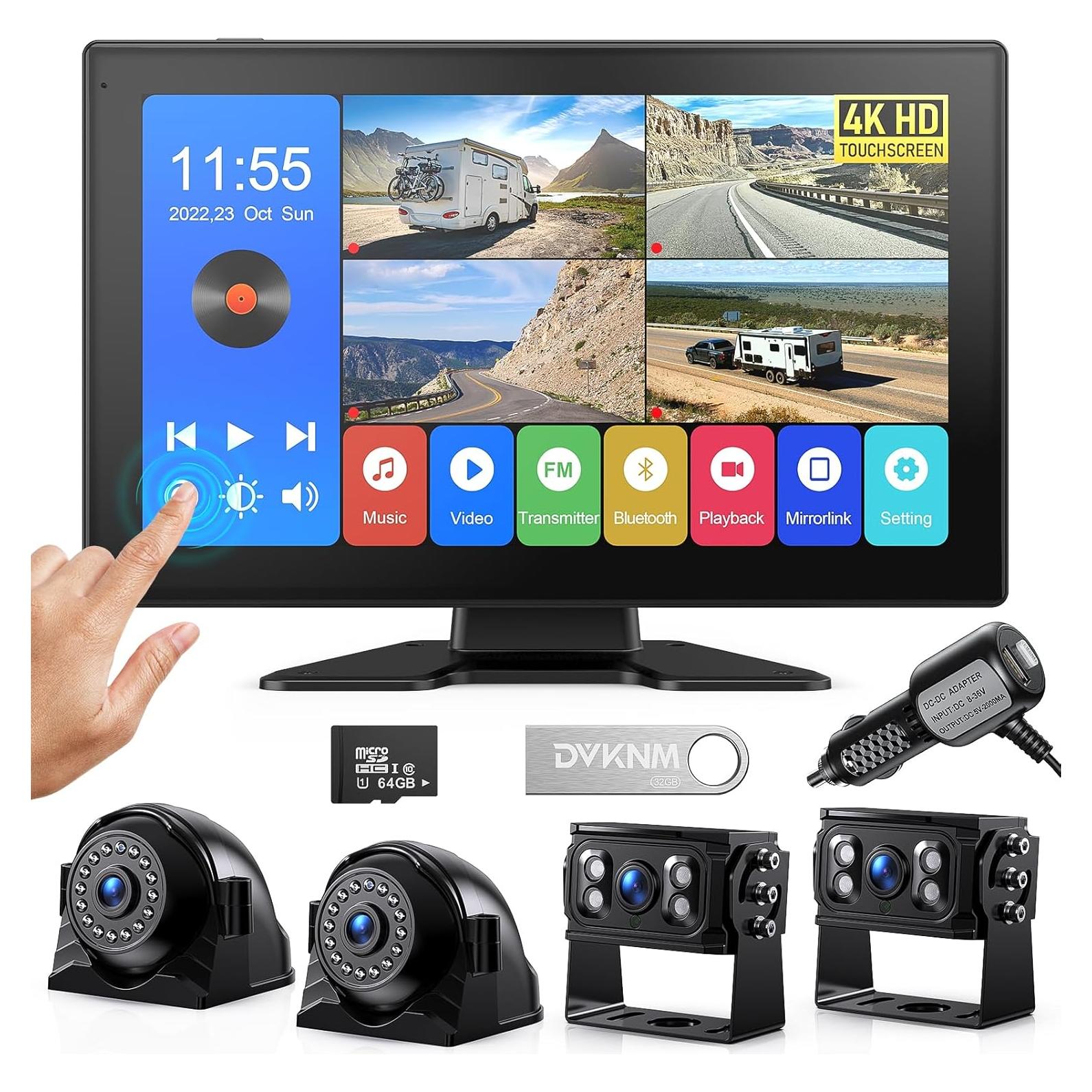 4K RV Backup Camera System 10.1" Quad Split Touchscreen Monitor 4 1080P HD Rear Side View Cameras DVR Recording Bluetooth Music USB Video Play IP69 Waterproof Night Vision for RV Truck Trailer