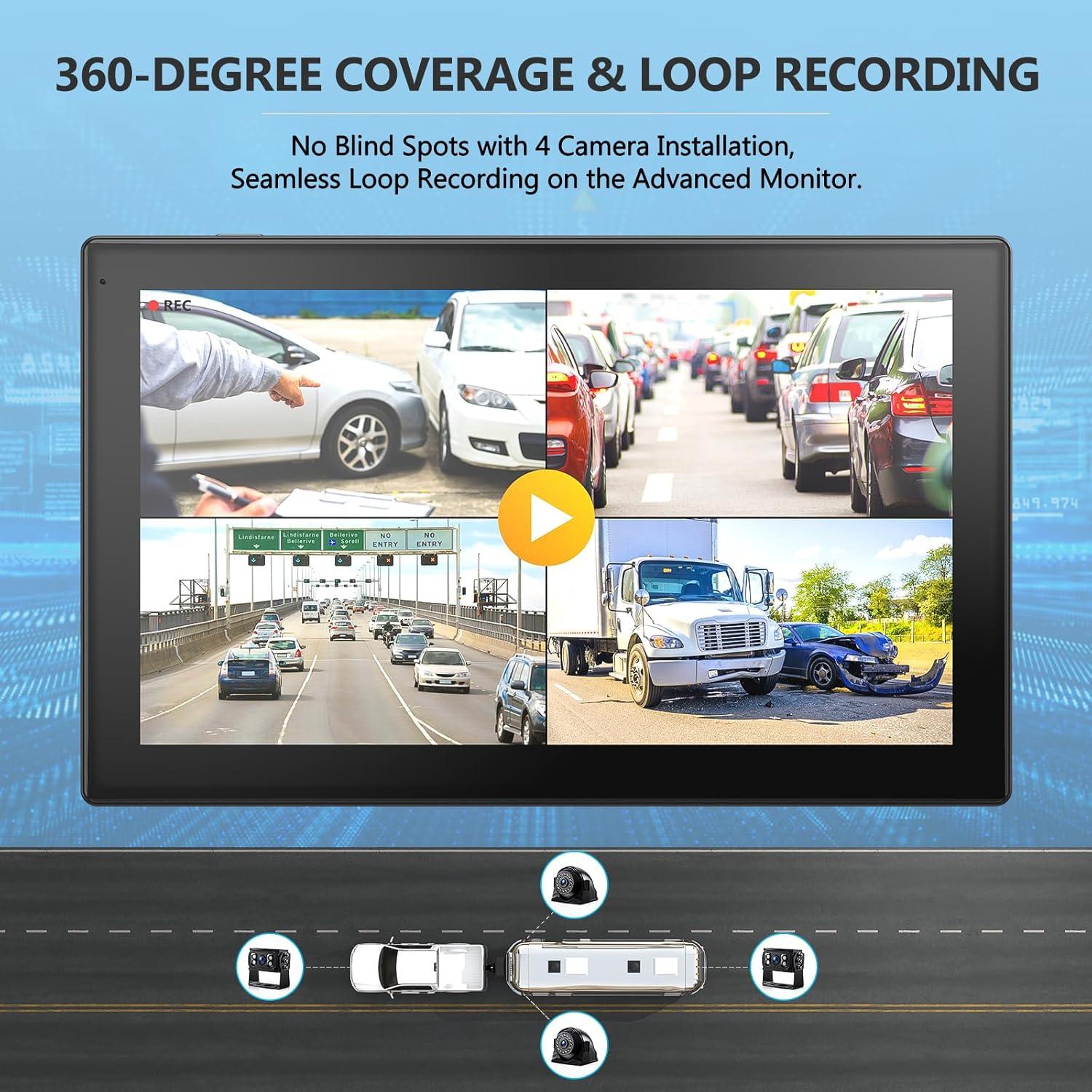 4K RV Backup Camera System 10.1" Quad Split Touchscreen Monitor 4 1080P HD Rear Side View Cameras DVR Recording Bluetooth Music USB Video Play IP69 Waterproof Night Vision for RV Truck Trailer