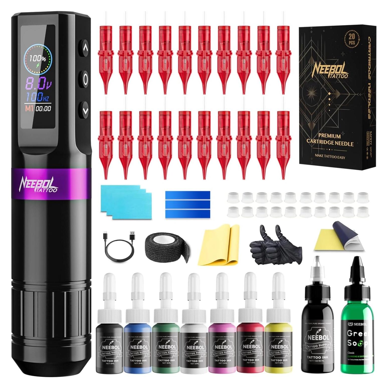 Kit de Tatuaje Inalámbrico Neebol para Principiantes - 20 Agujas, 8 Tintas