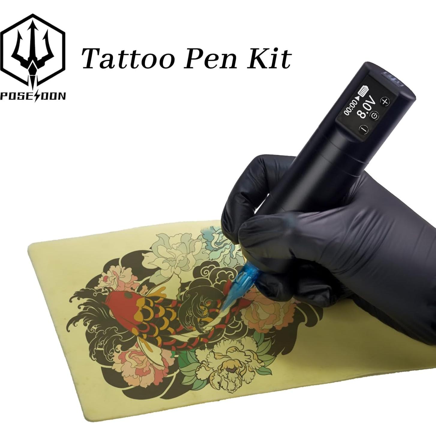 POSEIDON Wireless Rotary Tattoo Machine Kit with 20 Tattoo Cartridge Needles & Ink Set | Professional Portable Tattoo Gun for Beginners | Complete Starter Supplies (HM125)