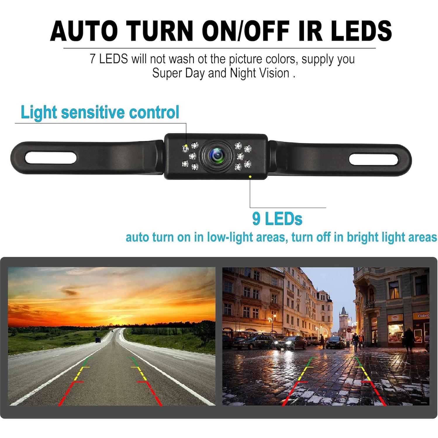 Car Backup Camera HD Night Vision Rear View Camera License Plate Camera with 9 LED Lights, Font & Rear Camera, Wide View Angle, IP69K Waterproof Reverse Camera for Cars,SUV,Trucks,RV, Pickup