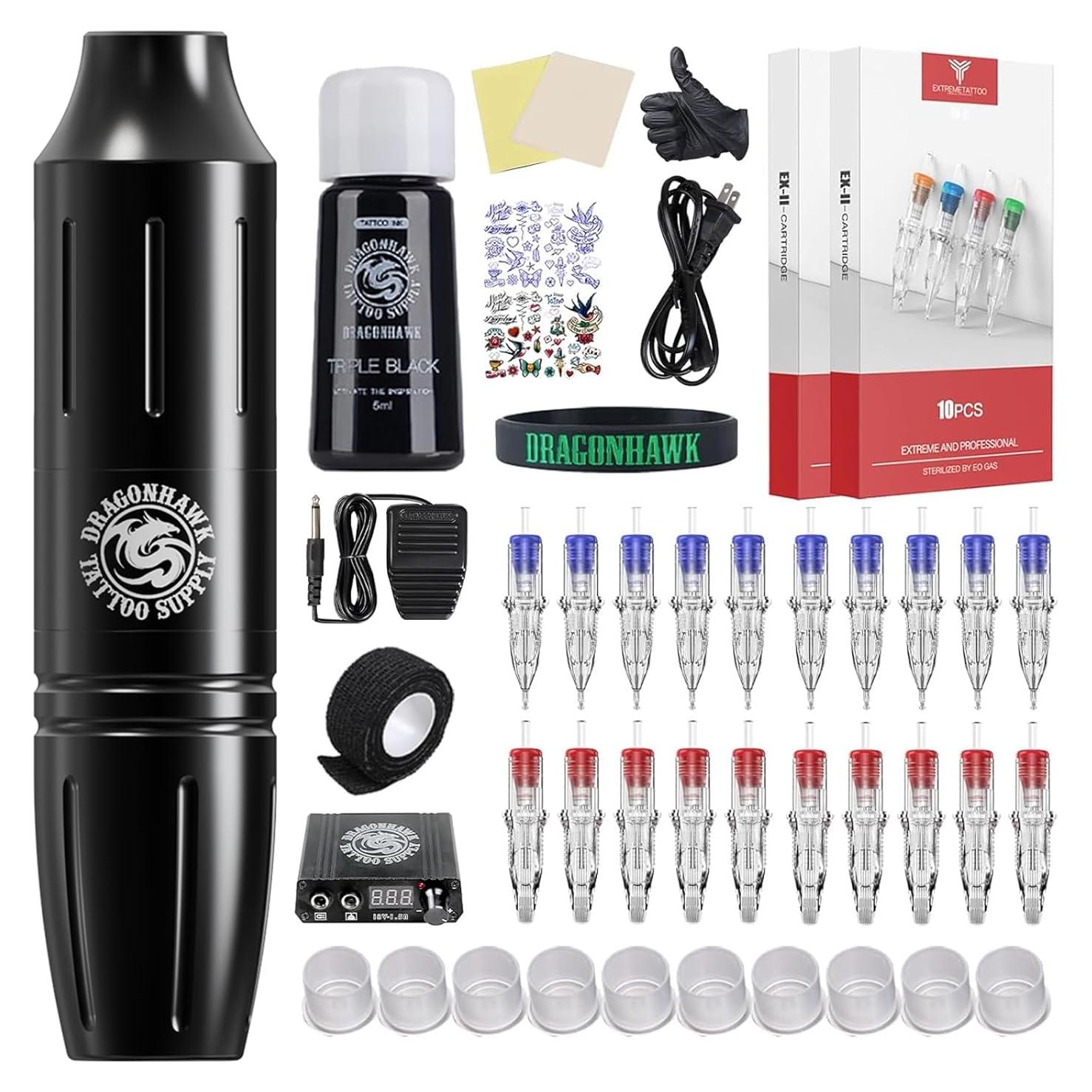 Kit de Tatuaje Dragonhawk M1 con 20 Agujas y Pedal