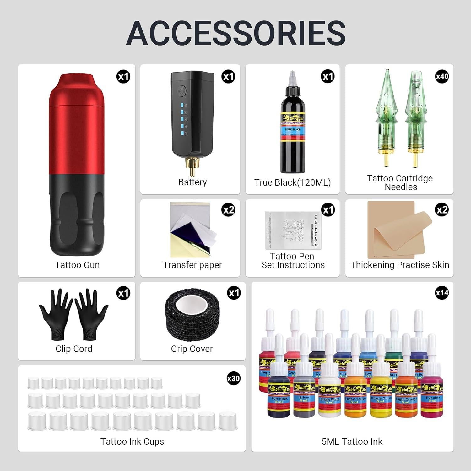 Kit de Tatuaje Inalámbrico Solong con 40 Agujas y 120ML Tinta