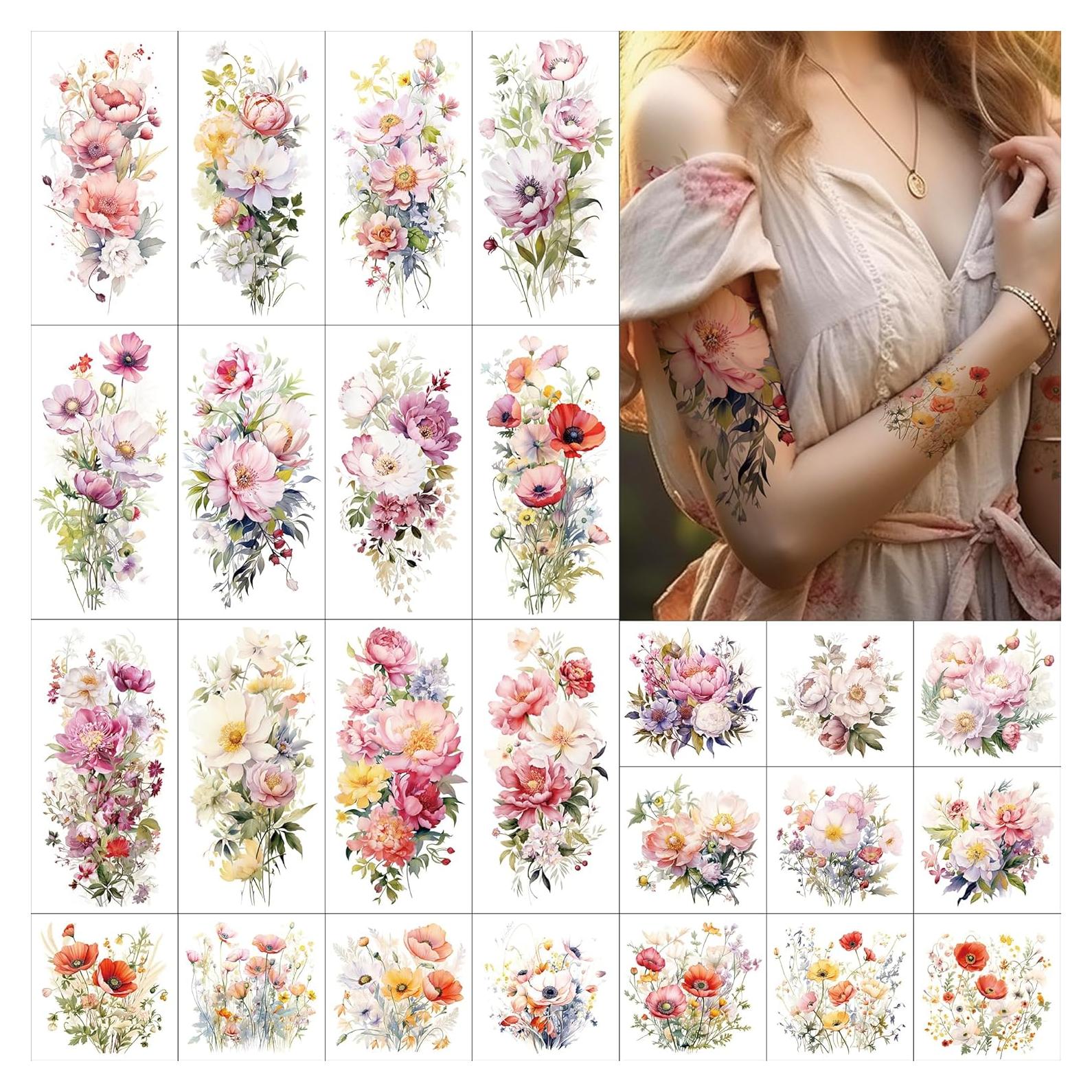 Hojas de Tatuajes Temporales Florales Everjoy - 12 Grandes y 13 Pequeñas