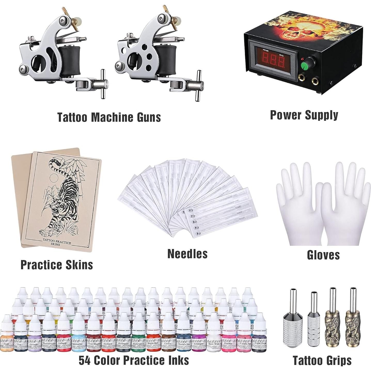 Kit Completo de Tatuaje AW - 2 Pistolas, 54 Tintas, Estuche