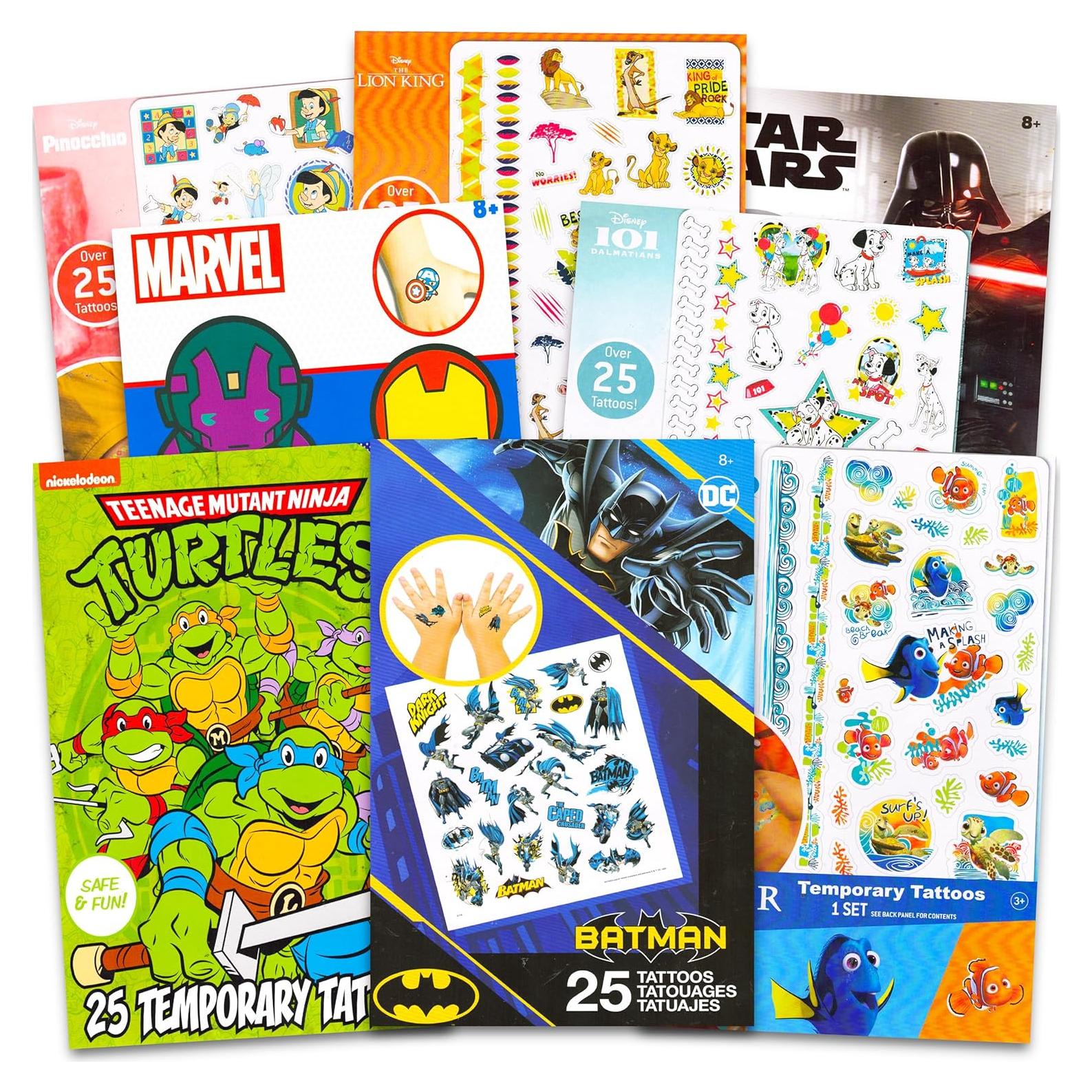 Temporary Tattoos Set ~ Bundle Includes 200 Assorted Tattoos Featuring Dory, Star Wars, TMNT, Batman, and More | Bulk Party Pack, No Duplicates