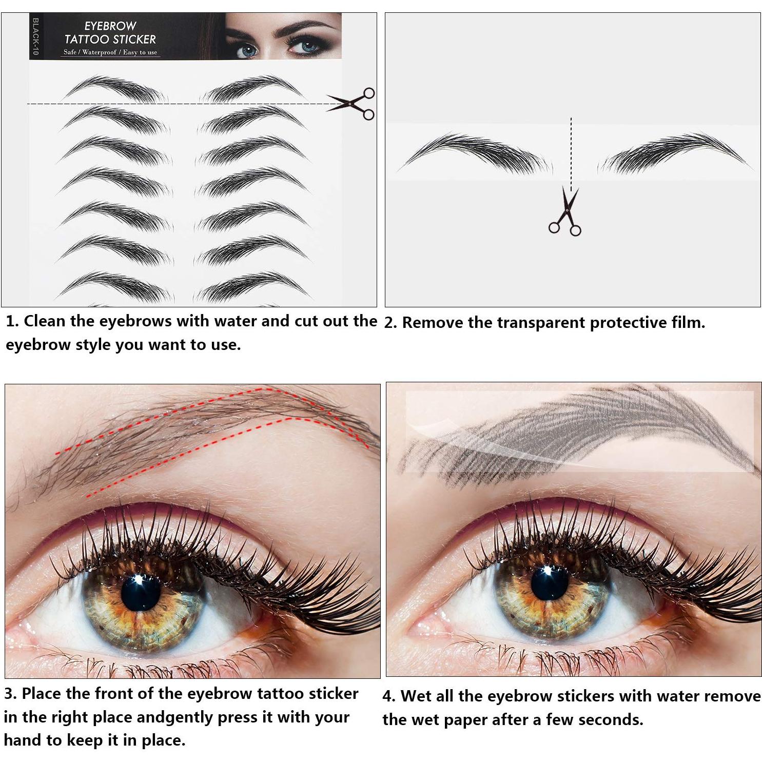 Blulu 6 Sheets 4d Hair-like Waterproof Eyebrow Tattoos Stickers Transfers Temporary Brow Tattoo Peel off Grooming Shaping Sticker in Arch Style, 66 Pairs Black(High Arch Eyebrow)