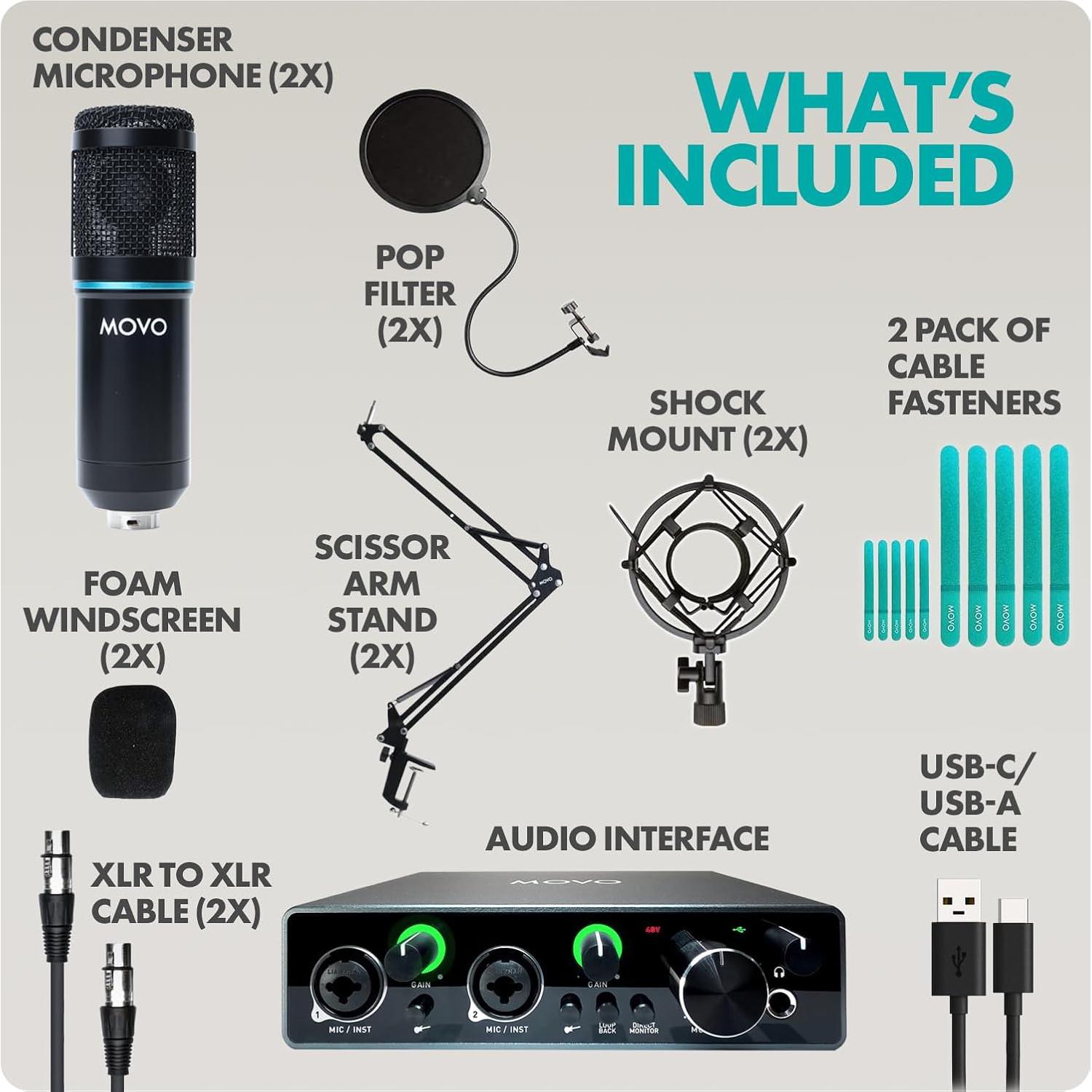 Movo PodKit2A Kit de Podcasting 2 Micrófonos y Audio USB-C