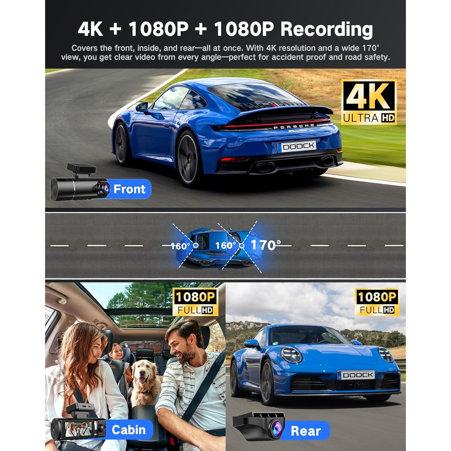 Cámara Dash 4K DOOCK Delantera y 1080P Trasera con GPS