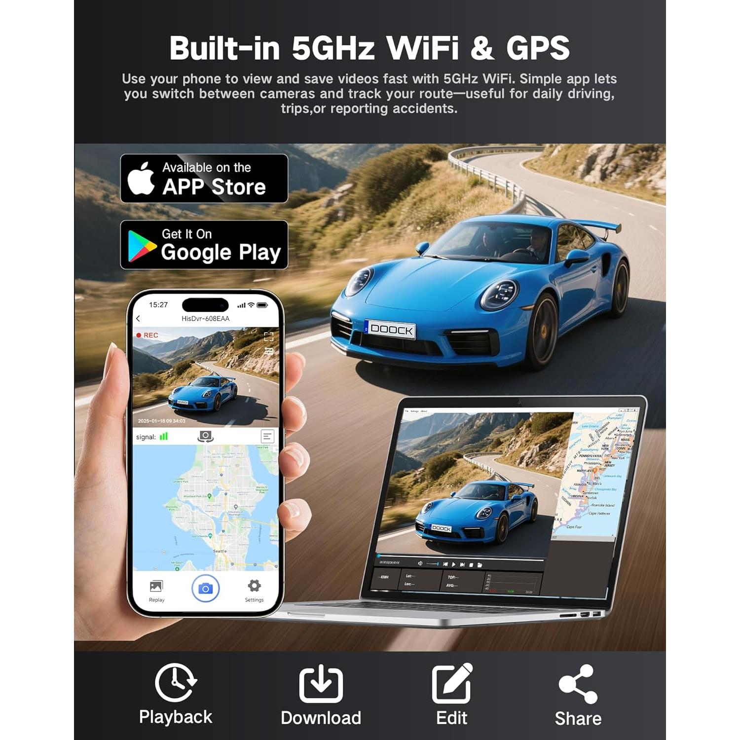 Cámara Dash 4K DOOCK Delantera y 1080P Trasera con GPS