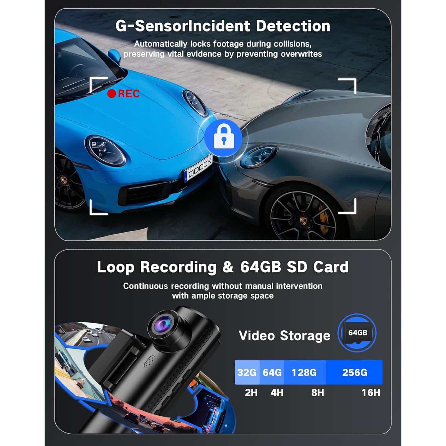 Cámara Dash 4K DOOCK Delantera y 1080P Trasera con GPS