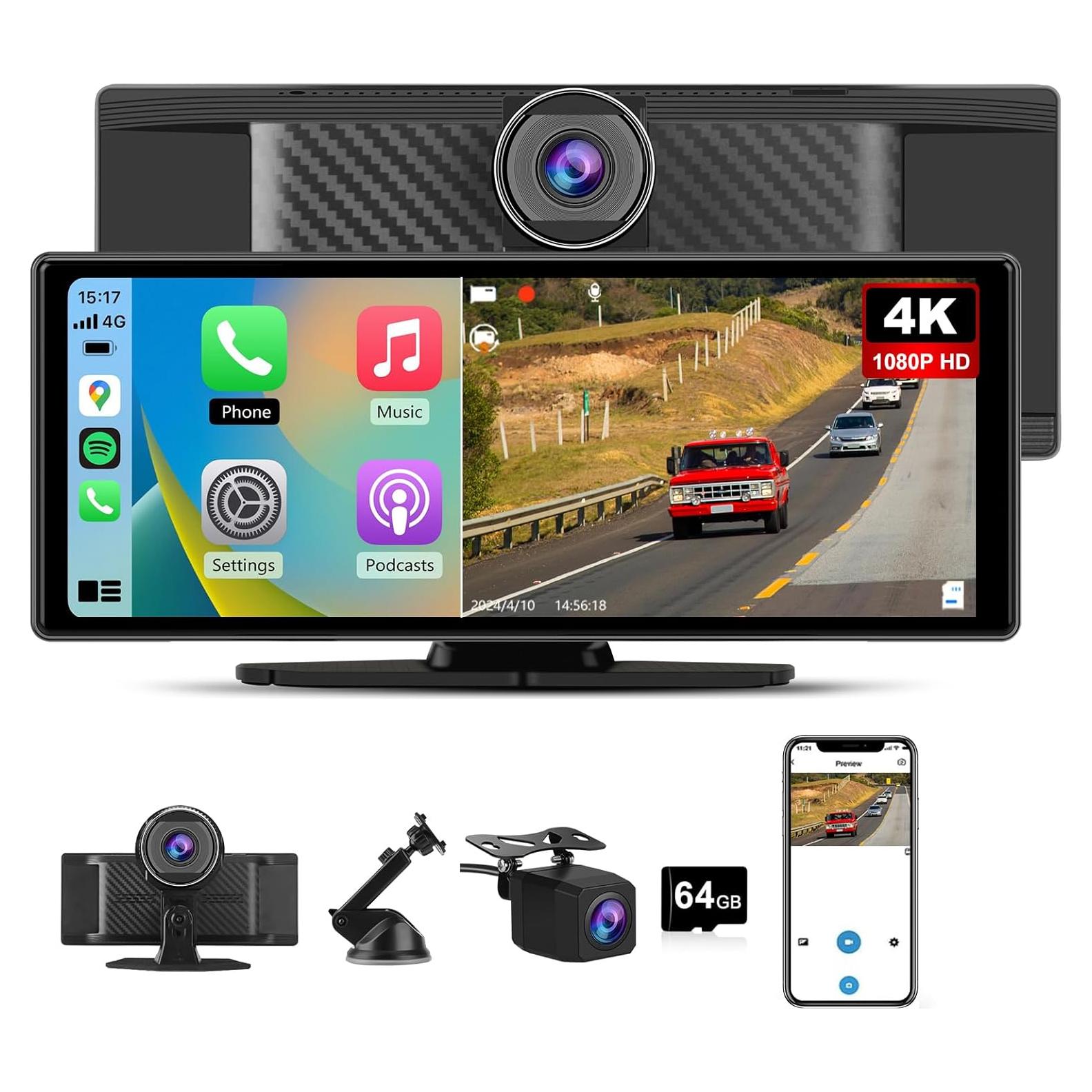 10.26" Portable Apple Carplay Screen for Car, Carplay & Android Auto Car Stereo, Touchscreen GPS Navigation 4K Dash Cam/1080P Backup Camera/Mirror Link/Bluetooth/Voice Control