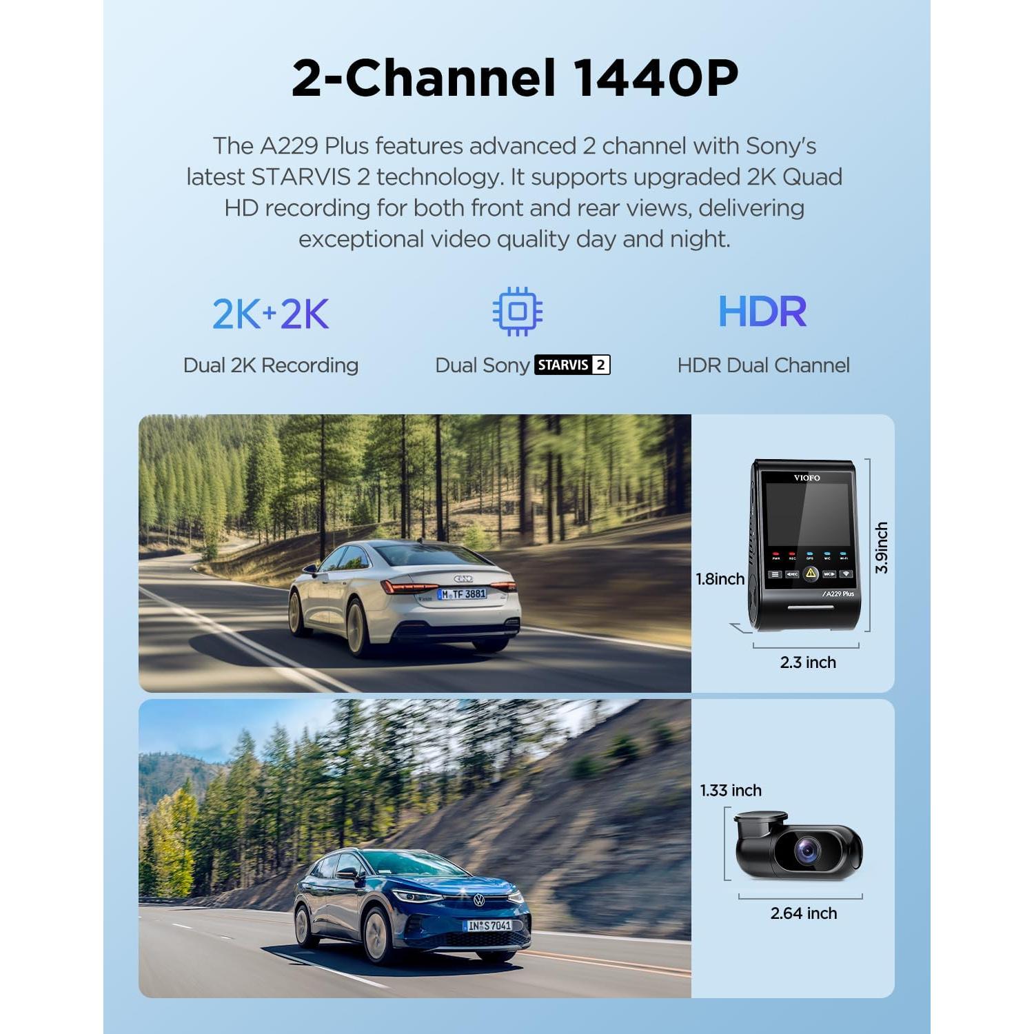 VIOFO A229 Plus Dash Cam Front and Rear, Dual STARVIS 2 Sensors, 2 Channel HDR, 1440P+1440P Voice Control Car Dash Camera, 5GHz Wi-Fi, Voice Control, Ultra-Precise GPS (SD Card Not Included)