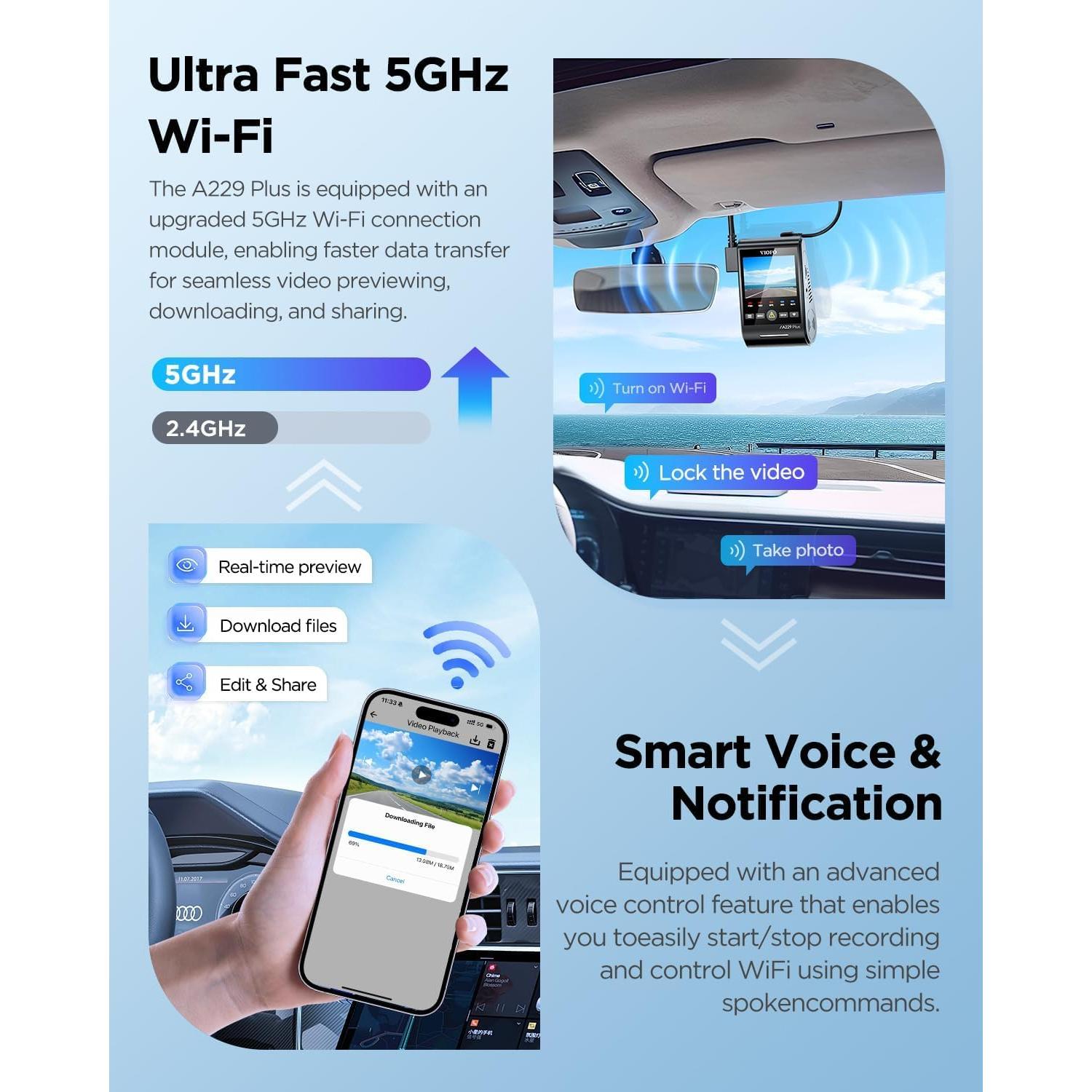 VIOFO A229 Plus Dash Cam Front and Rear, Dual STARVIS 2 Sensors, 2 Channel HDR, 1440P+1440P Voice Control Car Dash Camera, 5GHz Wi-Fi, Voice Control, Ultra-Precise GPS (SD Card Not Included)