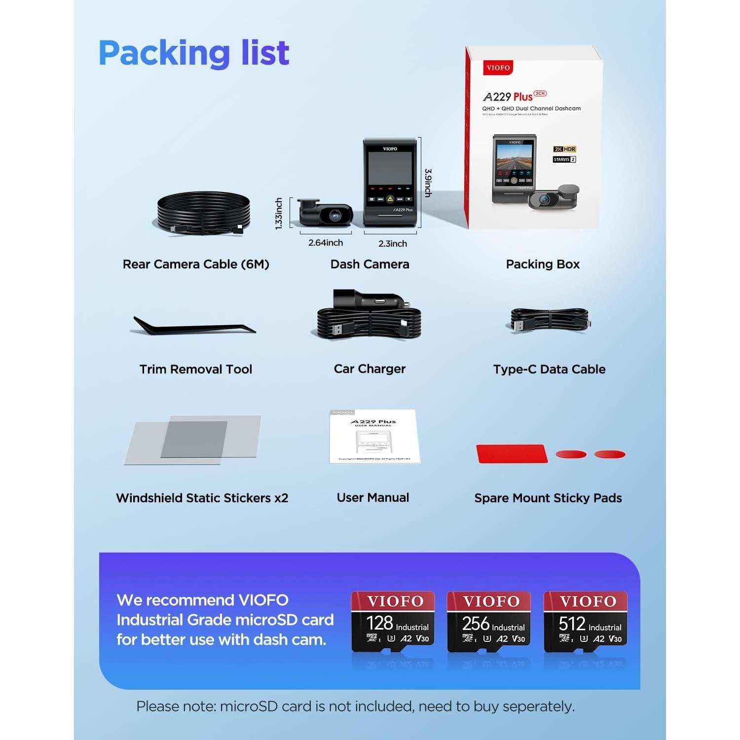 VIOFO A229 Plus Dash Cam Front and Rear, Dual STARVIS 2 Sensors, 2 Channel HDR, 1440P+1440P Voice Control Car Dash Camera, 5GHz Wi-Fi, Voice Control, Ultra-Precise GPS (SD Card Not Included)