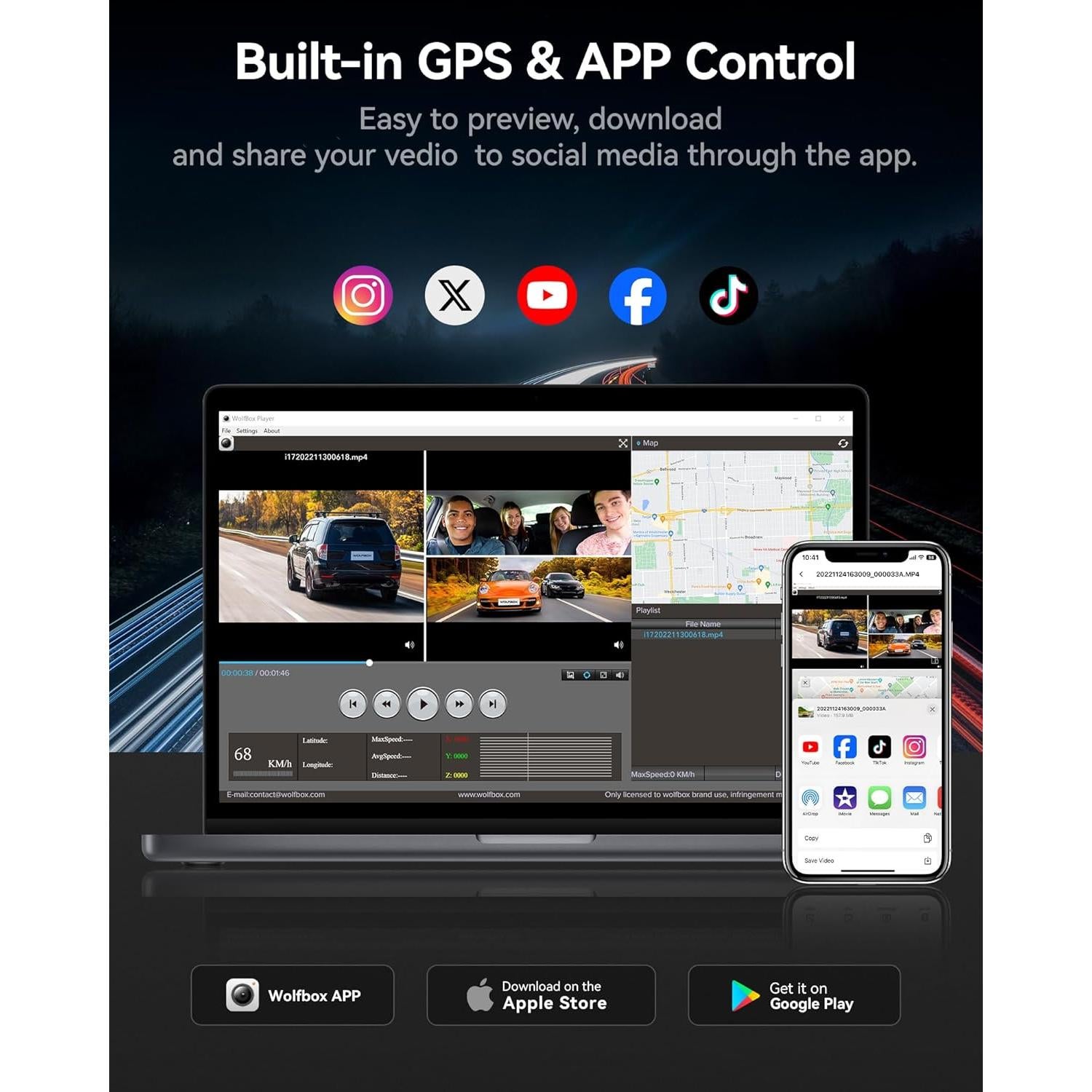 Cámara de Tablero WOLFBOX i17 4K Triple con GPS y WiFi
