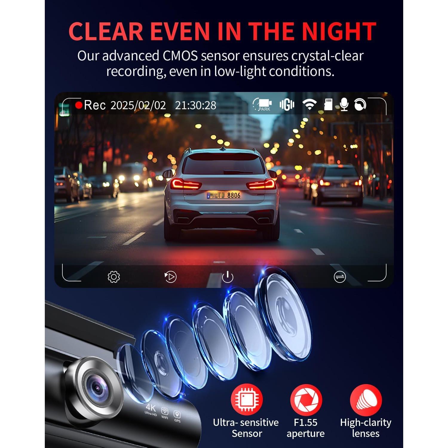 Dash Cam Front and Rear, 4K Full HD Dual Dash Camera for Cars, Built-in Memory Card Monitoring, 64GB Card, 5G WiFi GPS, Car Camera with 3" IPS Screen, 2160P Night Vision, 24H Parking Monitor