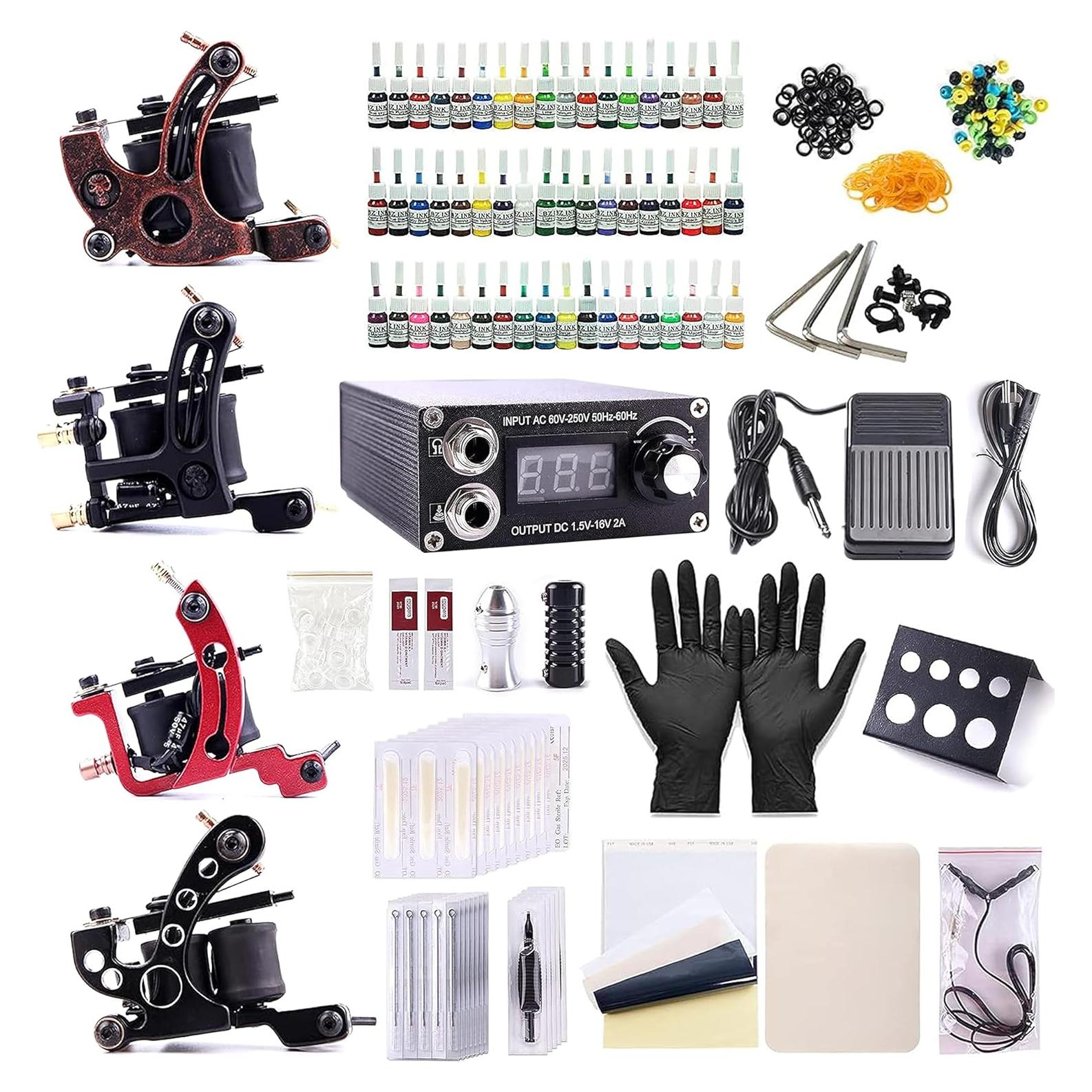 One Tattoo World Complete Tattoo Kit - 4 Tattoo Machines, Digital Power Supply, 54 Color 5ml Tattoo inks, Grips, Needles Transfer Paper, and more- OTW-KTB454