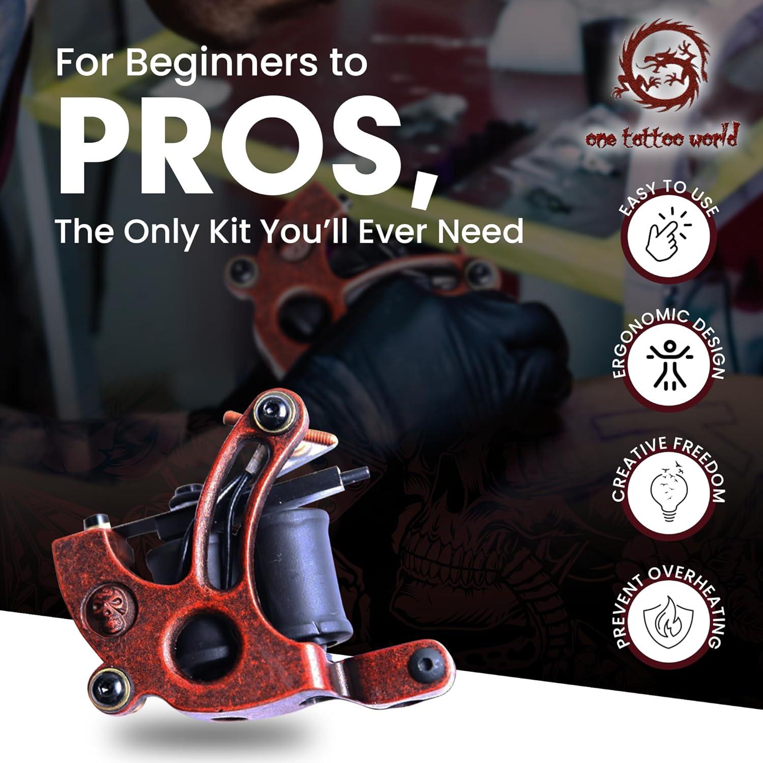 One Tattoo World Complete Tattoo Kit - 4 Tattoo Machines, Digital Power Supply, 54 Color 5ml Tattoo inks, Grips, Needles Transfer Paper, and more- OTW-KTB454