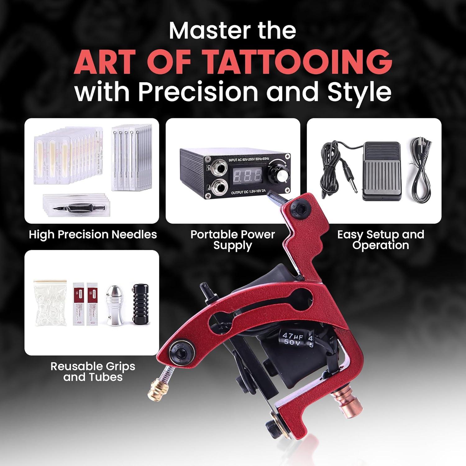 One Tattoo World Complete Tattoo Kit - 4 Tattoo Machines, Digital Power Supply, 54 Color 5ml Tattoo inks, Grips, Needles Transfer Paper, and more- OTW-KTB454