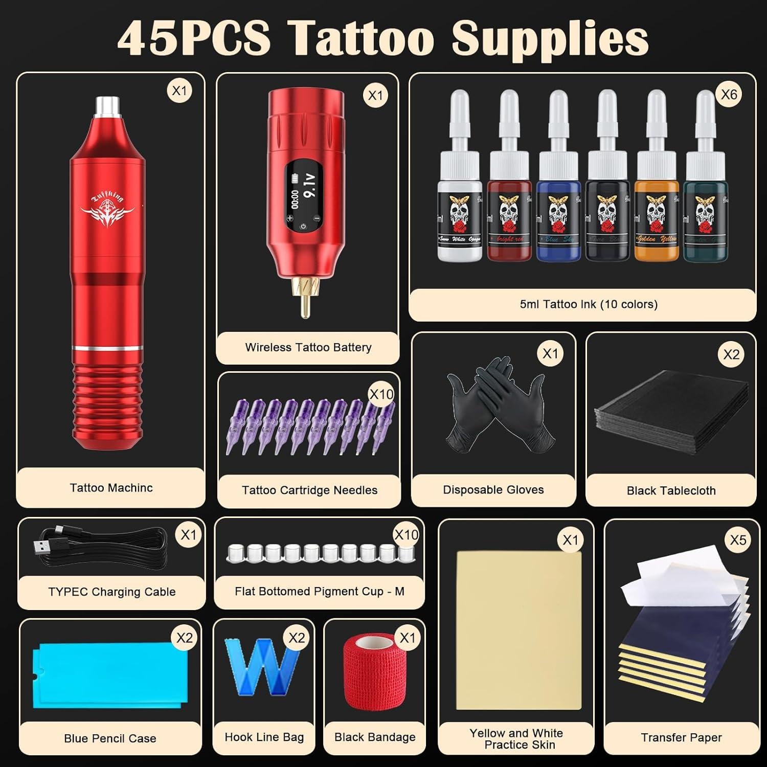 Kit de Máquina de Tatuaje Inalámbrica Ybeauty 45 Piezas Rojo