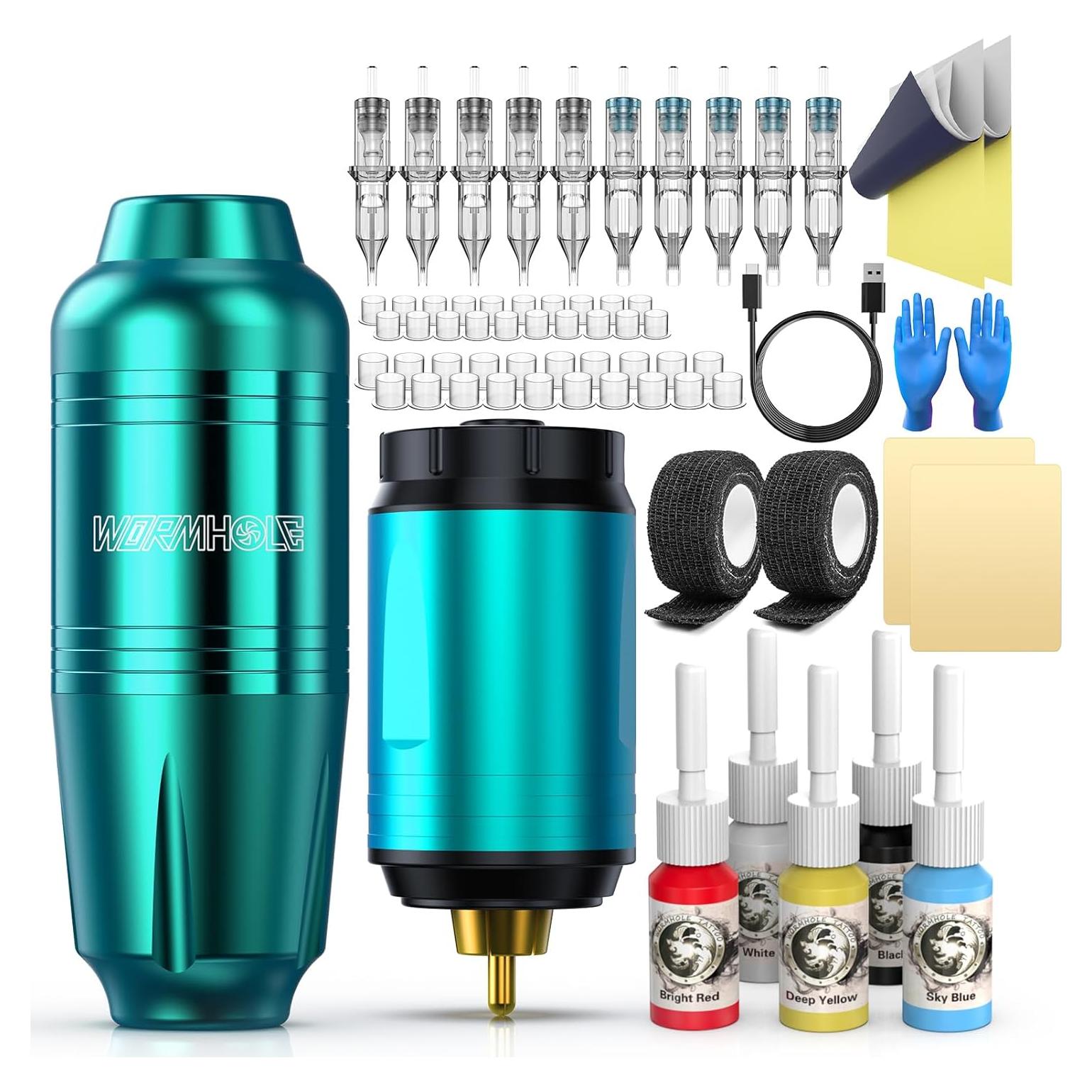 Kit de Tatuaje Inalámbrico Wormhole con 10 Agujas y Tintas
