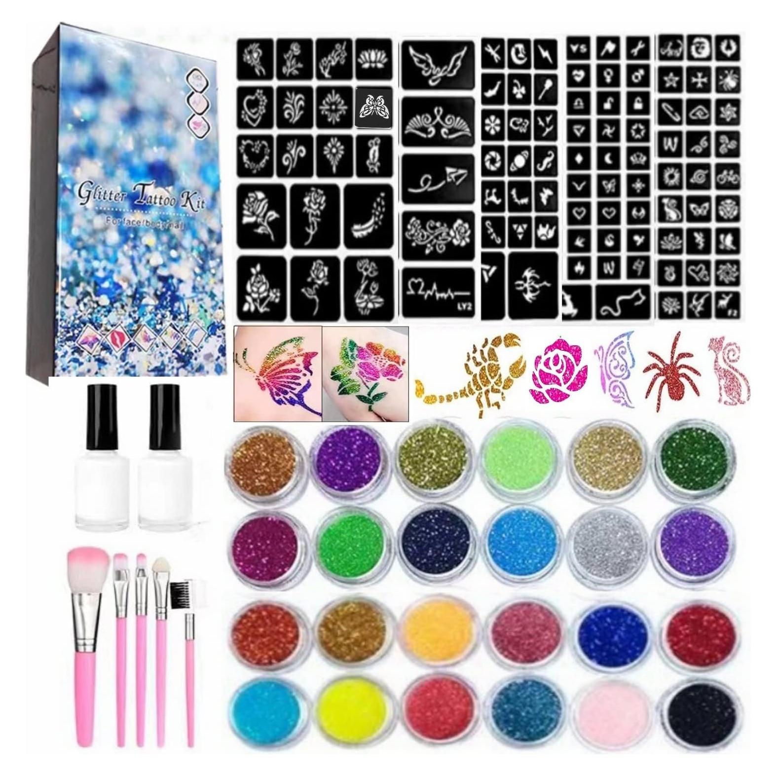 Kit de Tatuajes Temporales de Brillo Wxfhtda - 24 Colores, 187 Plantillas