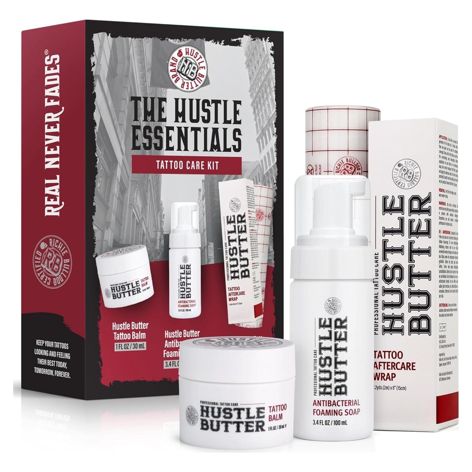 Kit de Cuidado Posterior de Tatuajes Hustle Butter - Balsamo 29.57ml, Jabón 100ml, Envoltura 15.24cm