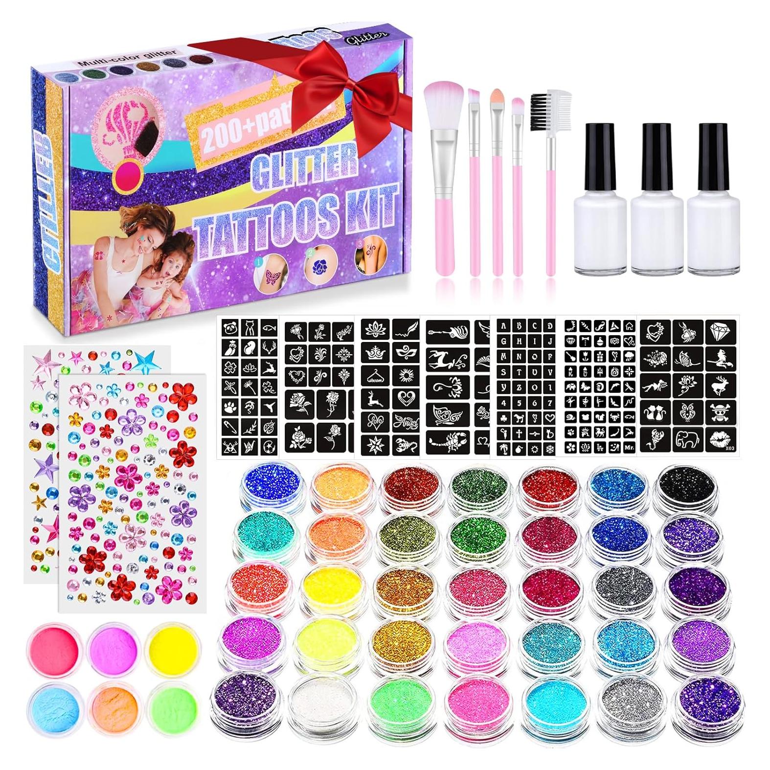 Kit de Tatuajes Temporales de Brillo Aottom - 41 Colores y 204 Plantillas