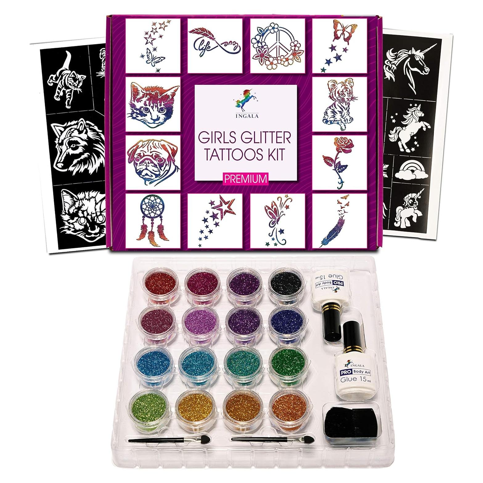 Kit de Tatuajes Temporales de Brillo INGALA - 74 Plantillas, 16 Colores, 2 Pegamentos 14.79 ml