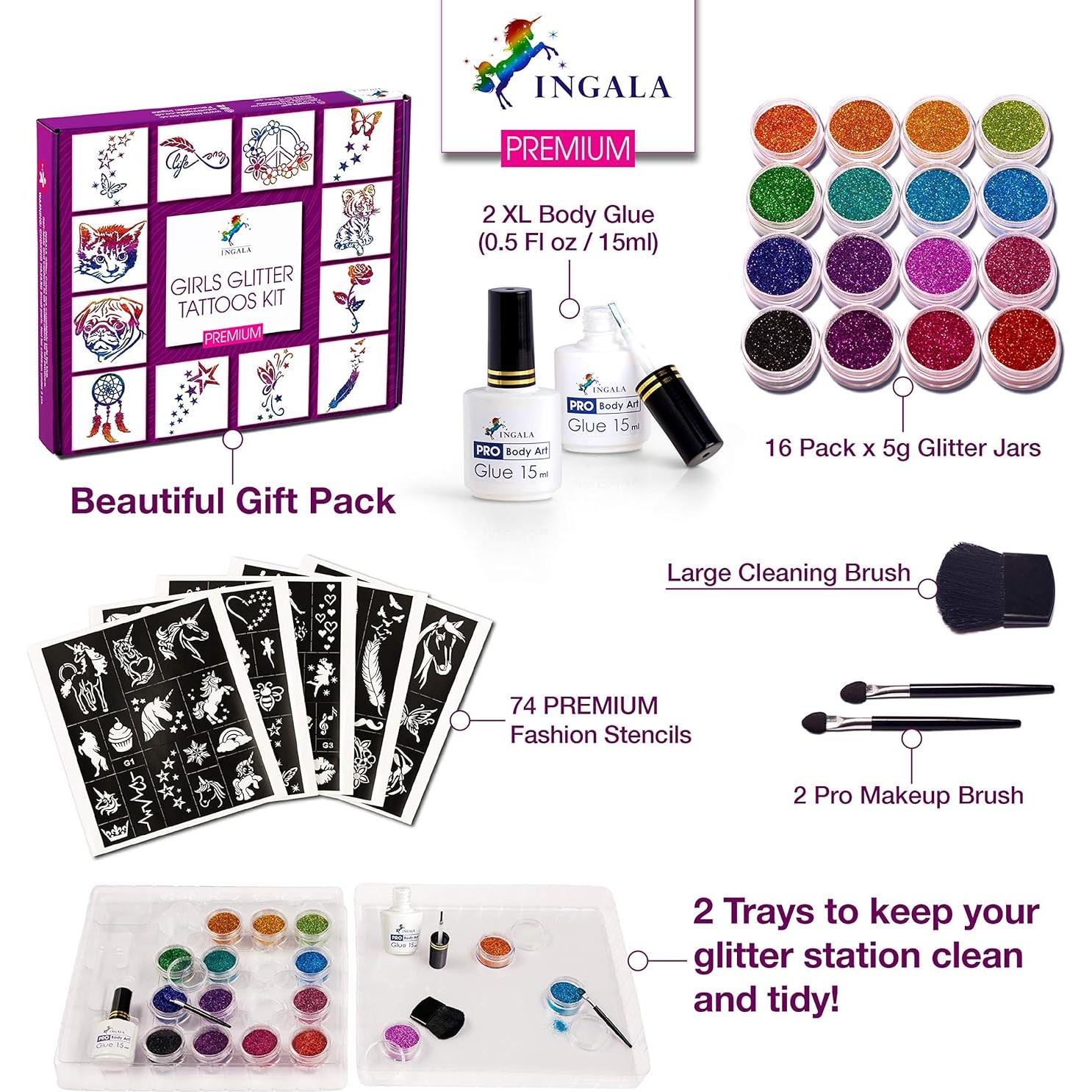 Kit de Tatuajes Temporales de Brillo INGALA - 74 Plantillas, 16 Colores, 2 Pegamentos 14.79 ml
