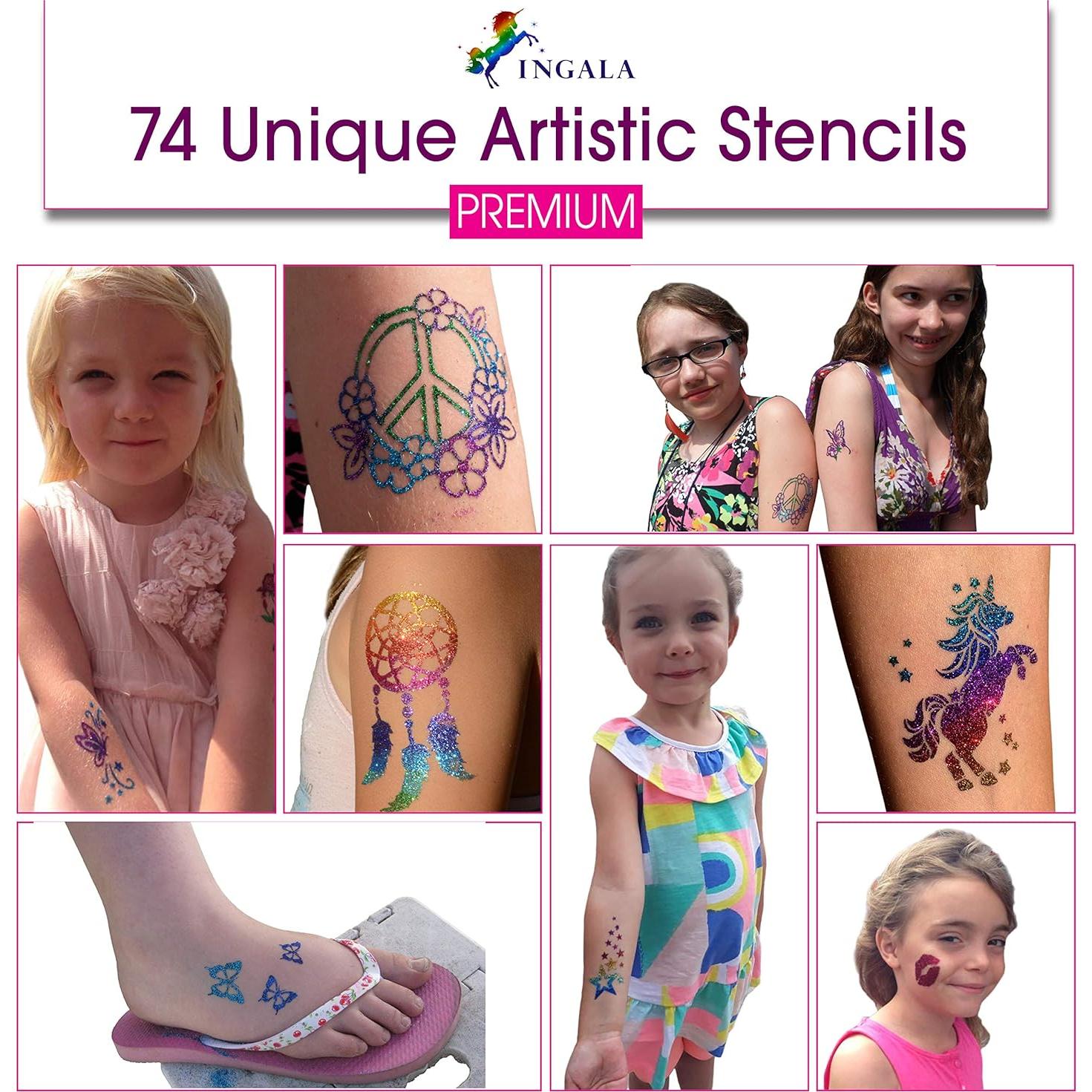 Kit de Tatuajes Temporales de Brillo INGALA - 74 Plantillas, 16 Colores, 2 Pegamentos 14.79 ml