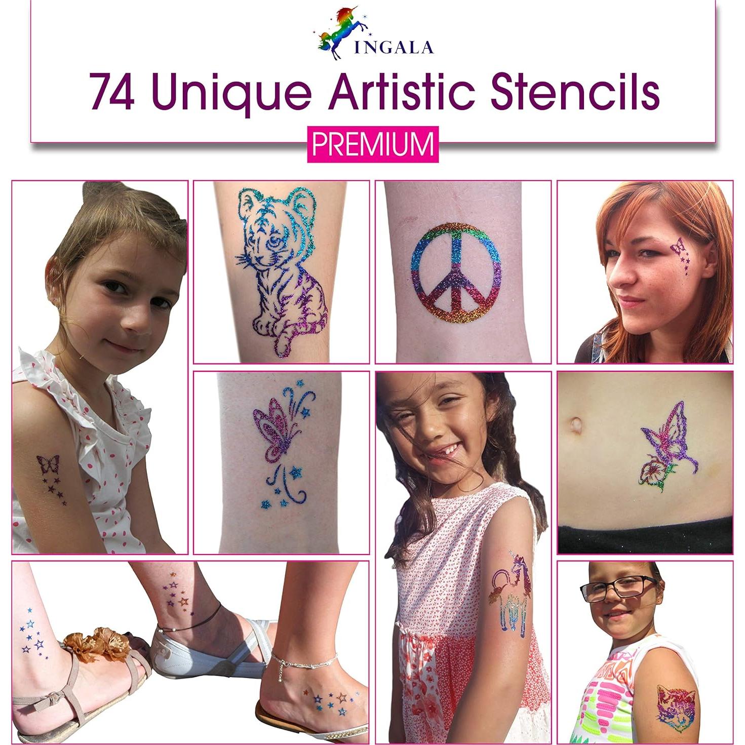 Kit de Tatuajes Temporales de Brillo INGALA - 74 Plantillas, 16 Colores, 2 Pegamentos 14.79 ml
