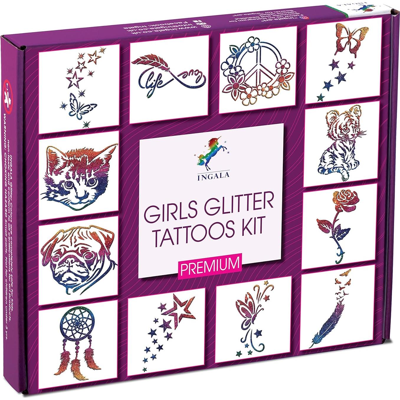 Kit de Tatuajes Temporales de Brillo INGALA - 74 Plantillas, 16 Colores, 2 Pegamentos 14.79 ml