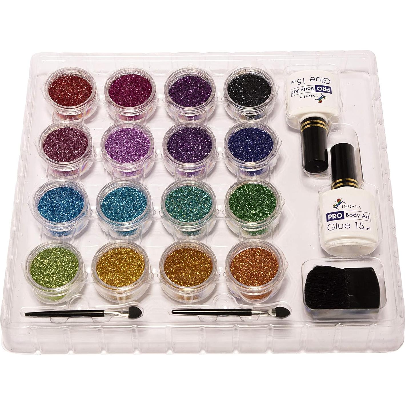 Kit de Tatuajes Temporales de Brillo INGALA - 74 Plantillas, 16 Colores, 2 Pegamentos 14.79 ml