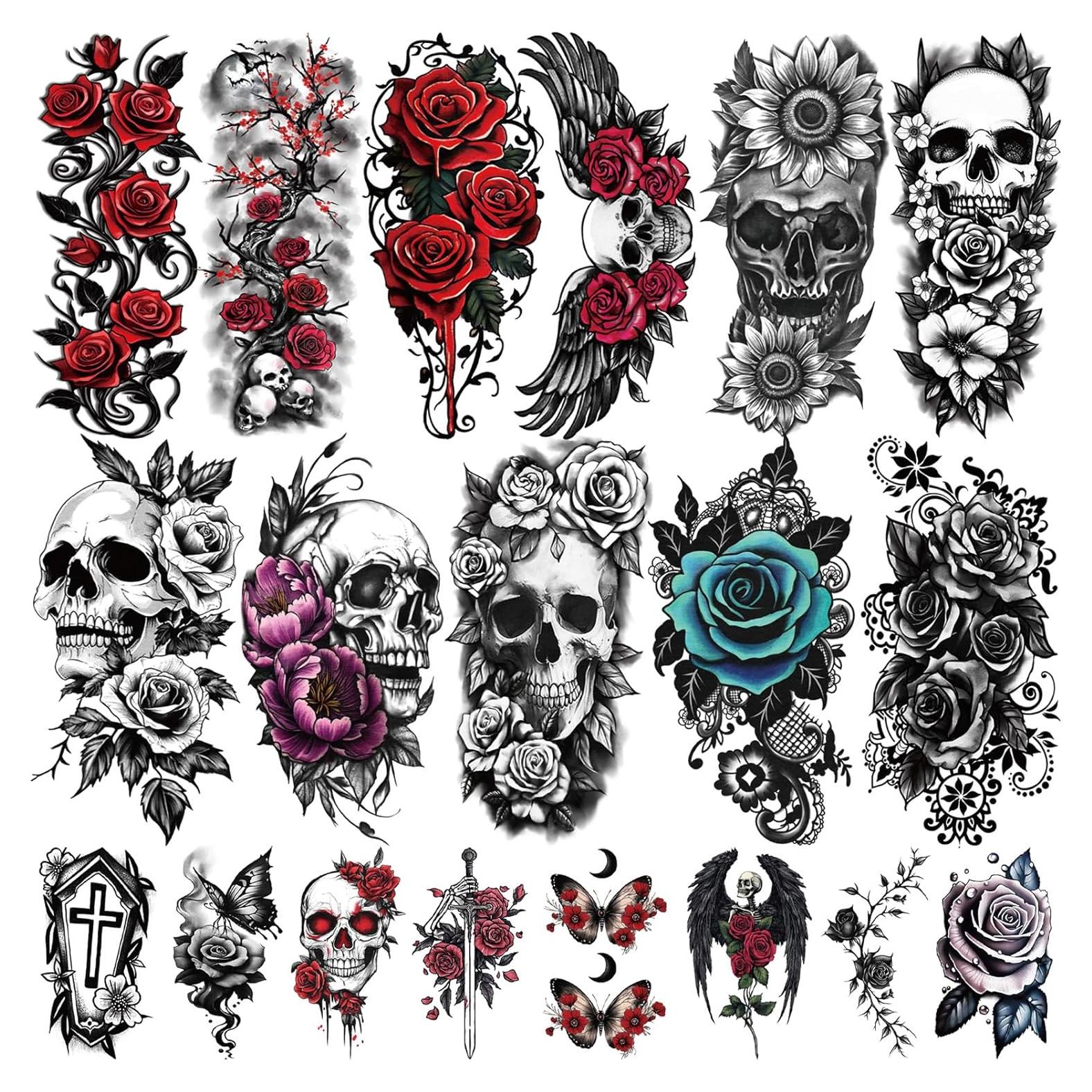 77 Hojas Tatuajes Temporales Calaveras y Flores Yazhiji