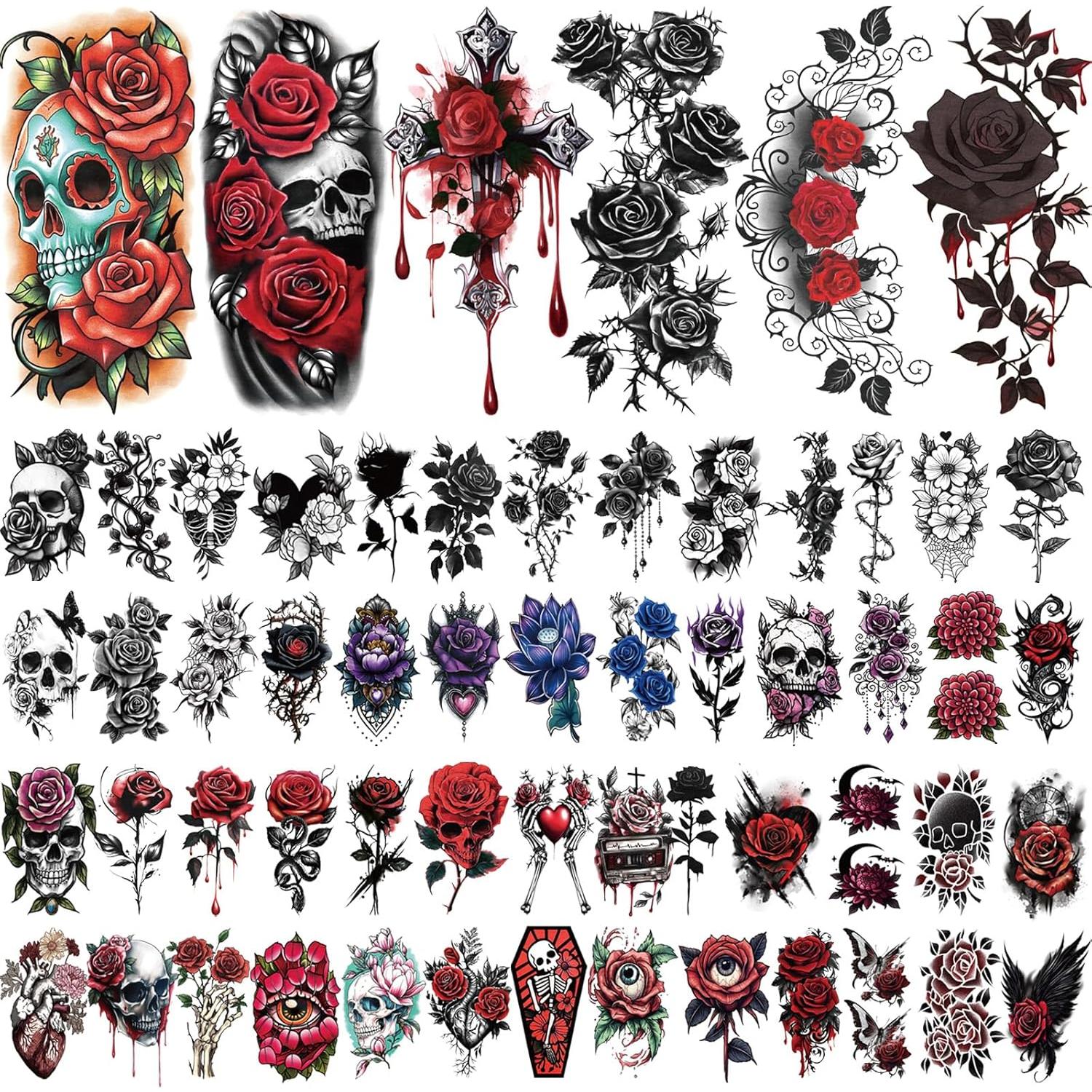 77 Hojas Tatuajes Temporales Calaveras y Flores Yazhiji