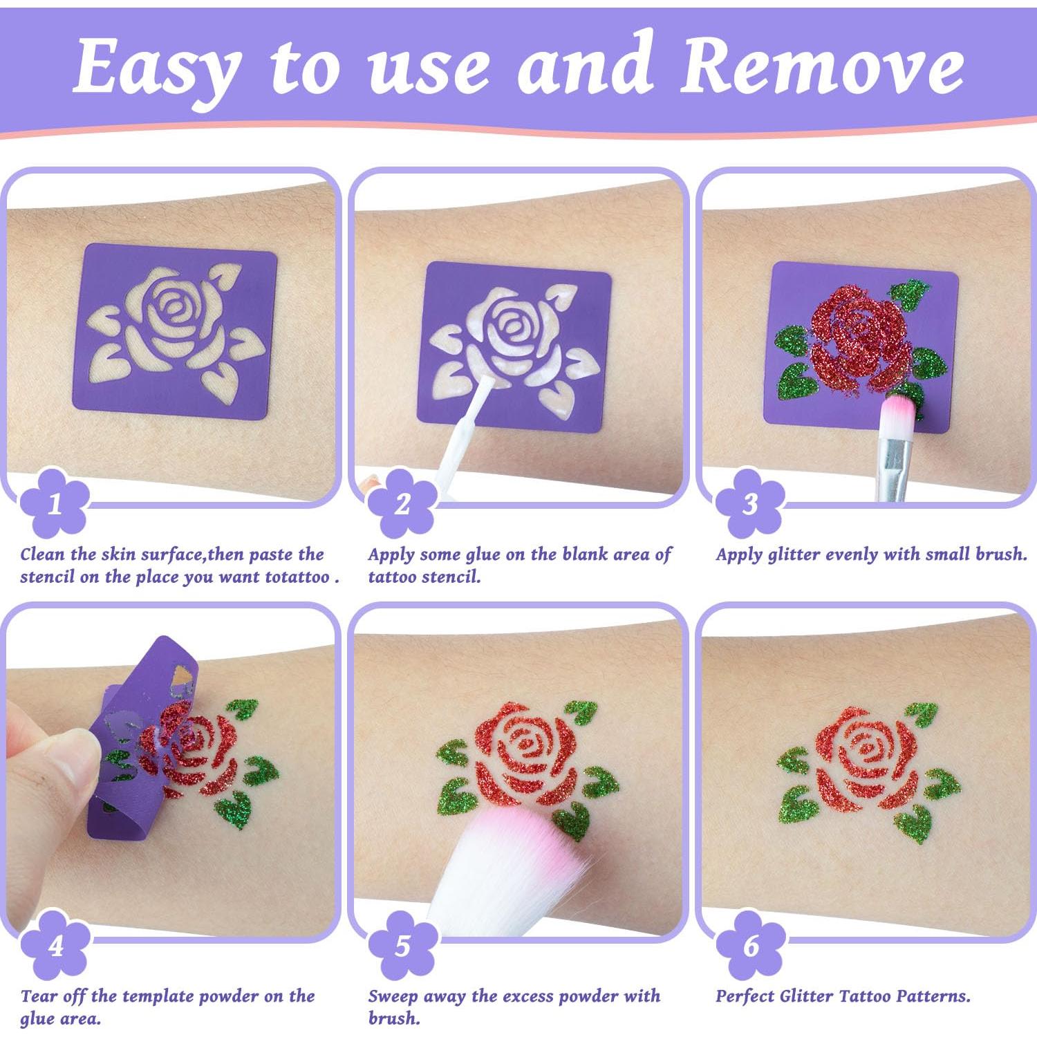 Temporary Glitter Tattoos Kit for Kids,48 Glitter Colors, 178 Stencils,4 Glue,5 Brushes,Adults and Kids Arts Glitter Kit,Wonderful Holiday Gifts for Girls & Boys.