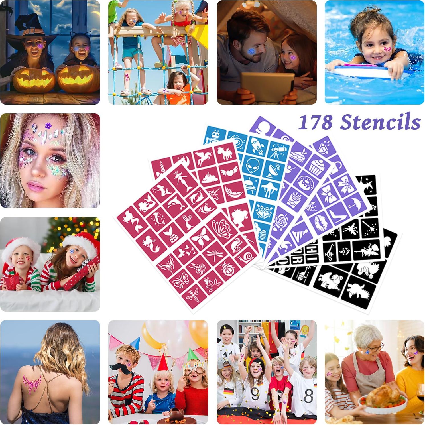 Temporary Glitter Tattoos Kit for Kids,48 Glitter Colors, 178 Stencils,4 Glue,5 Brushes,Adults and Kids Arts Glitter Kit,Wonderful Holiday Gifts for Girls & Boys.