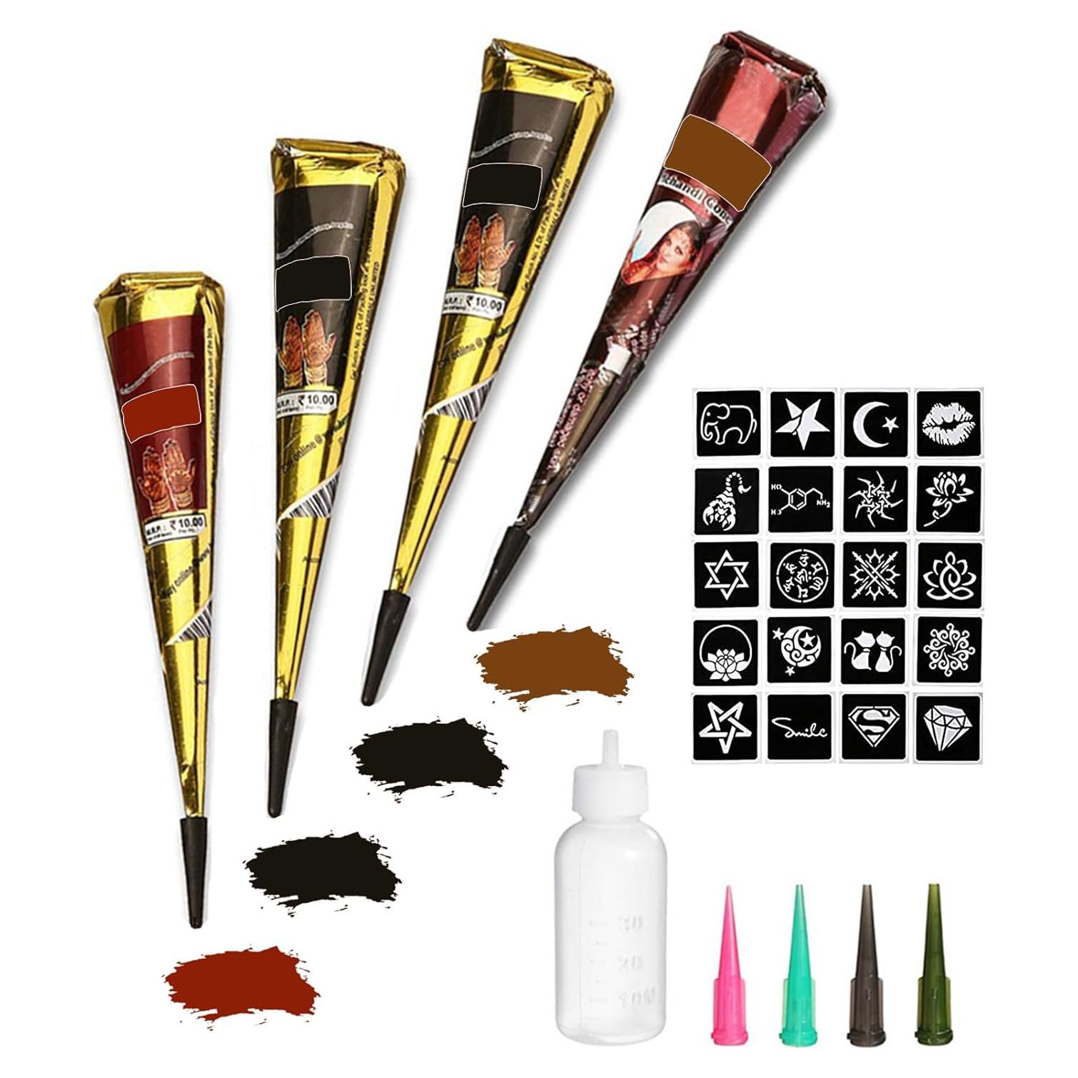Kit de Tatuajes Temporales Yomagine 4 Pcs con Plantillas y Conos