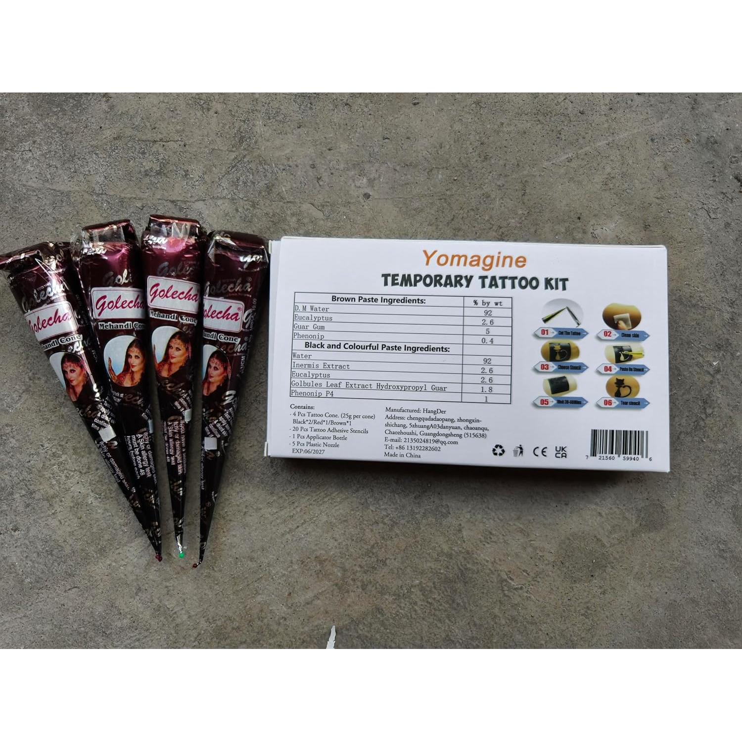 Kit de Tatuajes Temporales Yomagine 4 Pcs con Plantillas y Conos