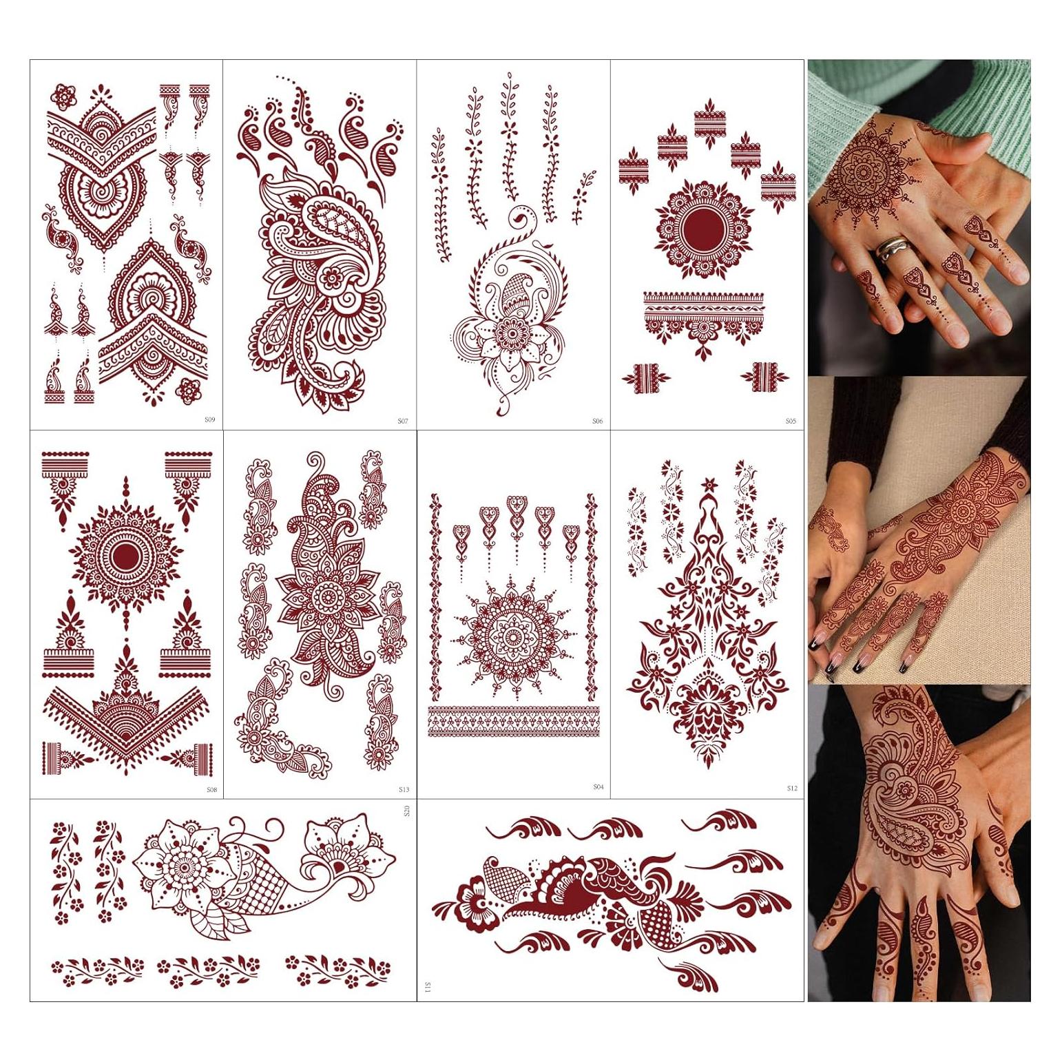 10 Hojas Tatuajes Temporales de Henna FUNTATTOO Marrón